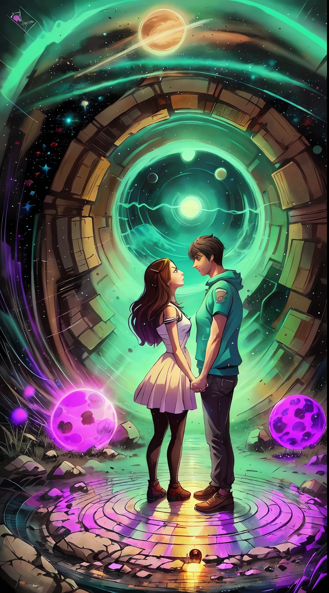 Girl and boyfriend, holding hands, angel wings, Love, heart, standing in front of a space portal overlooking the pink sun, Cyril Rolando and Goro Fujita, A portal to another universe, inspired by Cyril Rolando, Portal to another dimension, world, visible only through the portal, high quality fantasy stock photo, Portal to another world, Portal to outer space, in the style of Cyril Rolando, Looking into space, universe, Magical Galactic Portal, The Cycle of the Stars, God, River, mountain, top