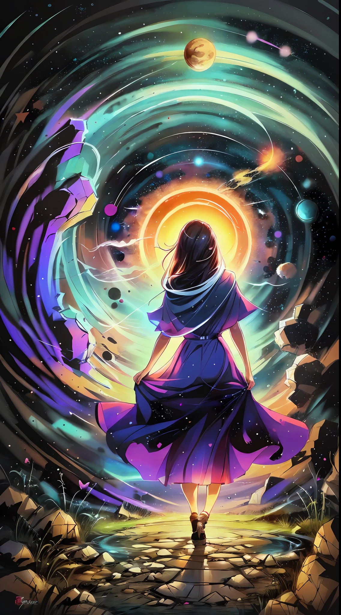 Angel Girl, Love, heart, standing in front of a space portal overlooking the pink sun, Cyril Rolando and Goro Fujita, A portal to another universe, inspired by Cyril Rolando, Portal to another dimension, world, visible only through the portal, high quality fantasy stock photo, Portal to another world, Portal to outer space, in the style of Cyril Rolando,  Looking into space, universe, Magical Galactic Portal, The Cycle of the Stars, God, River, mountain, top