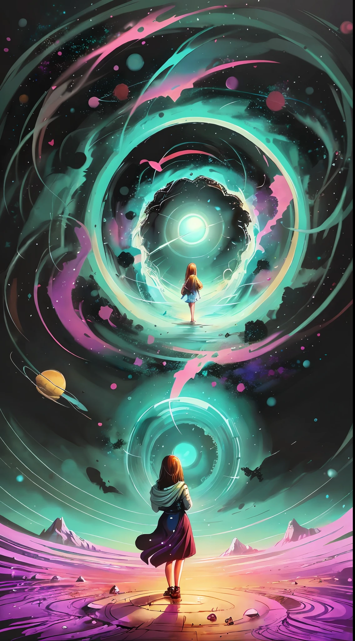 Angel Girl, Love, heart, standing in front of a space portal overlooking the pink sun, Cyril Rolando and Goro Fujita, A portal to another universe, inspired by Cyril Rolando, Portal to another dimension, world, visible only through the portal, high quality fantasy stock photo, Portal to another world, Portal to outer space, in the style of Cyril Rolando,  Looking into space, universe, Magical Galactic Portal, The Cycle of the Stars, God, River, mountain, top