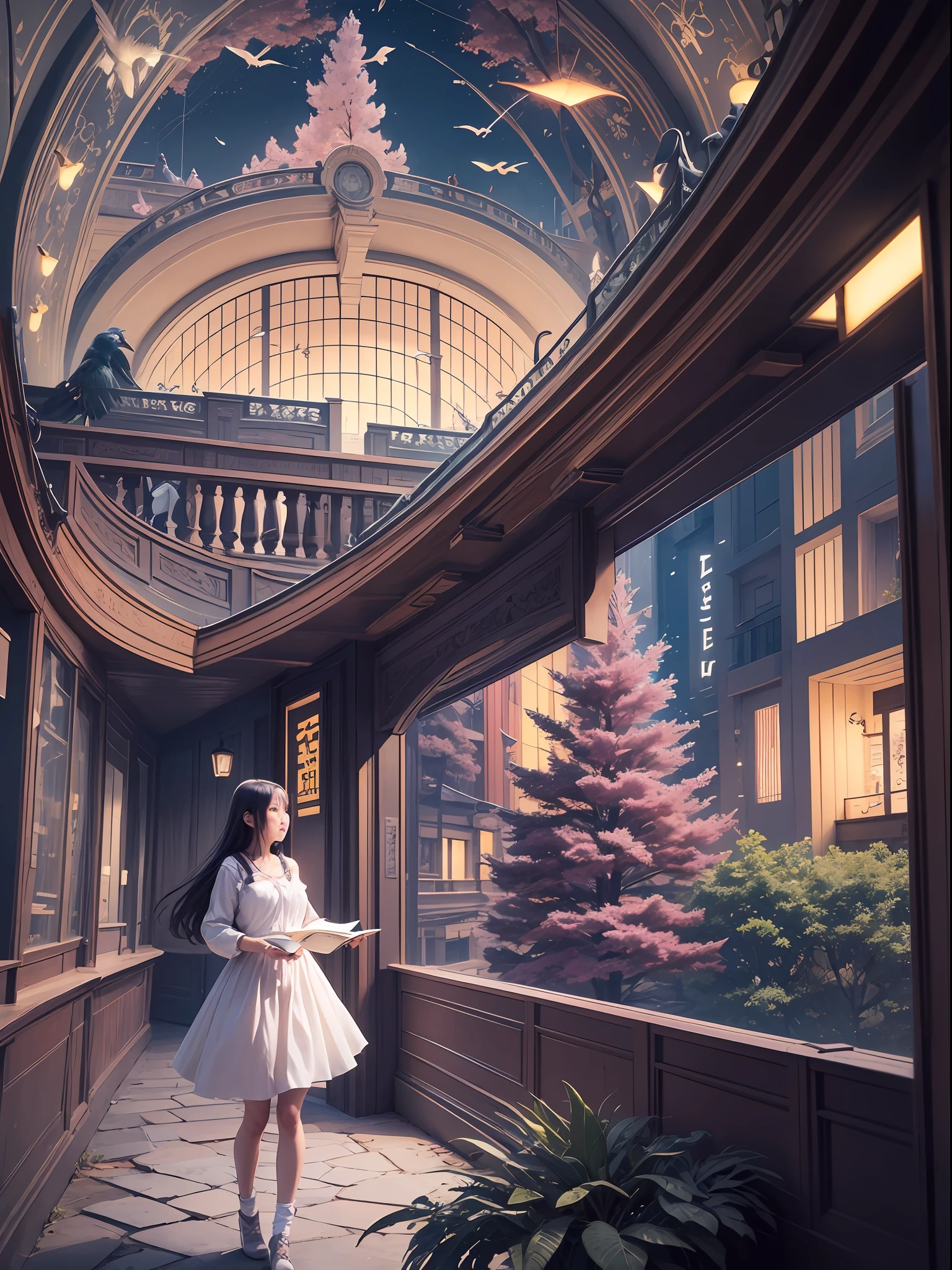 arquitetura, east east Asian architecture, scenary, lanterna, ao ar livre, heaven, lanterna de papel, nuvem, birds, Construction, tree, in standing, montanha, ponte, segurando, multiple girls, dia, obra-prima, melhor qualidade, Estilo anime, 8k, Highresolution, alta qualidade