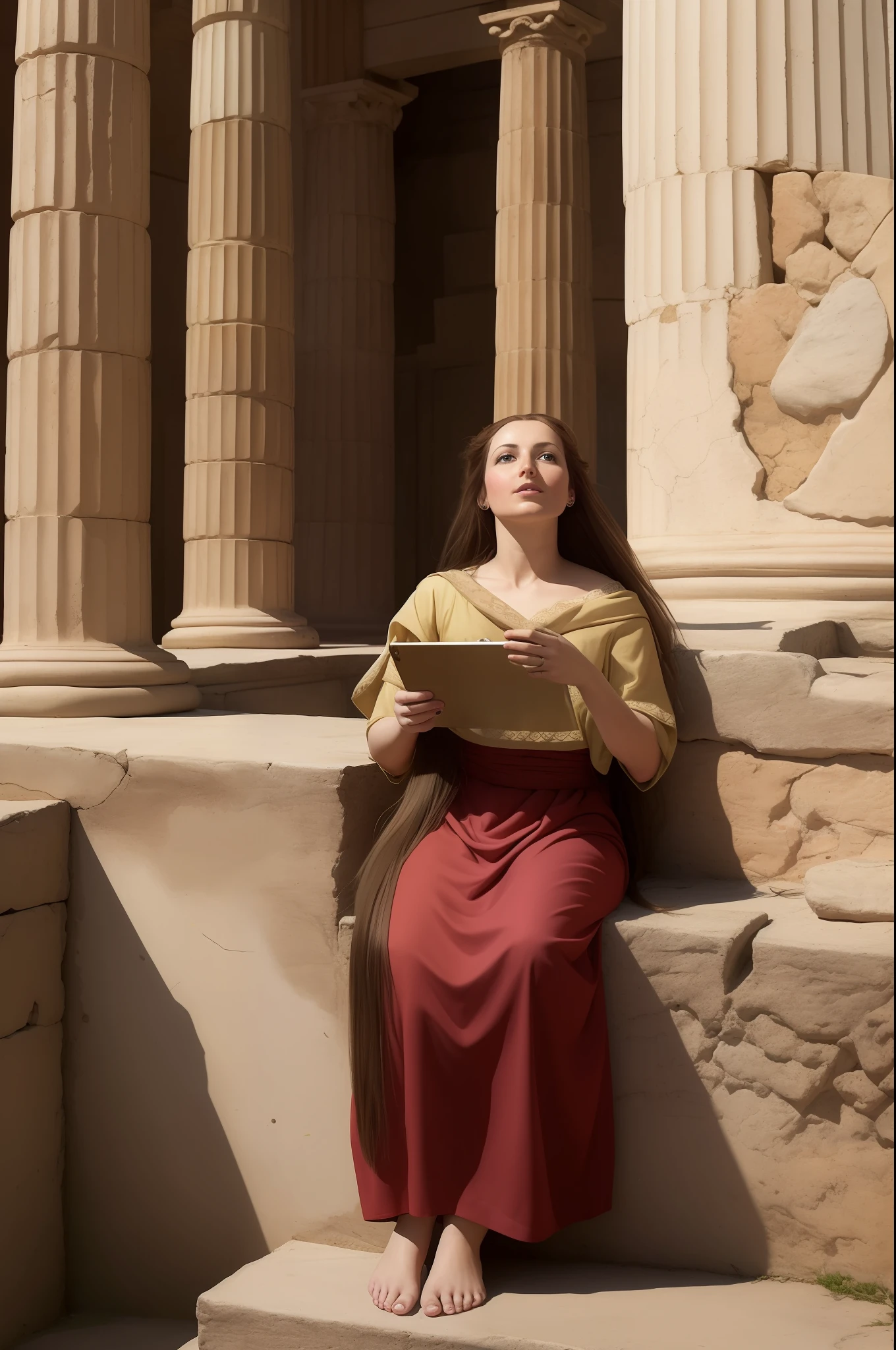 Woman with long hair down to her feet
woman  engaged in lively conversation, immersed in the atmosphere of the ancient Greek past,  show the faces from another angle.  captured in an artistic style similar to that of Alma Tadema. The image, while a realistic visual representation, avoids showing any reference to modern technology. Instead, the scene is portrayed as if it were a classic.
without the presence of the Canon EOS 5D Mark IV camera used to