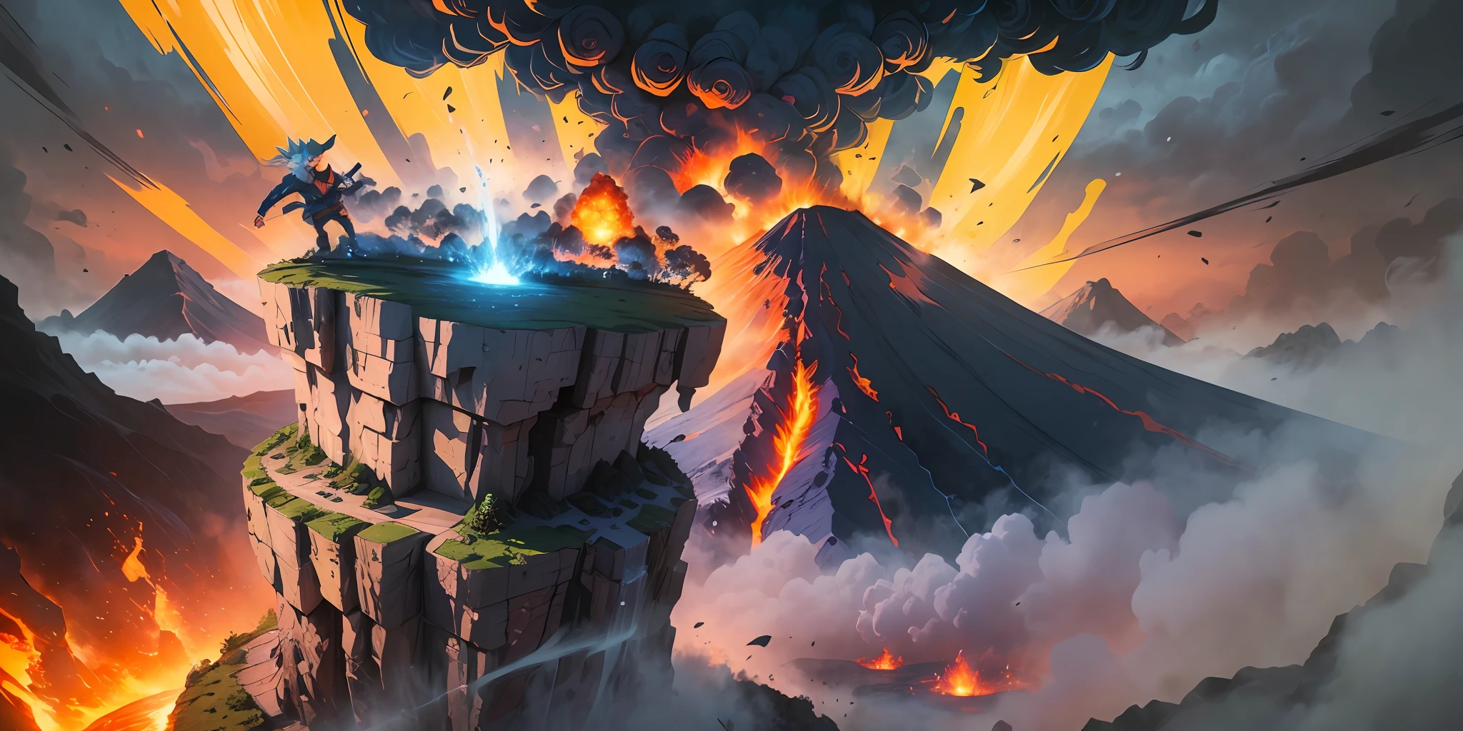 Goku and Naruto engage in an epic battle atop a towering volcano, surrounded by cascading lava flows and billowing smoke, showcasing their dynamic and explosive attacks, Illustration, vibrant colors with bold brushstrokes, --ar 16:9 --v 5