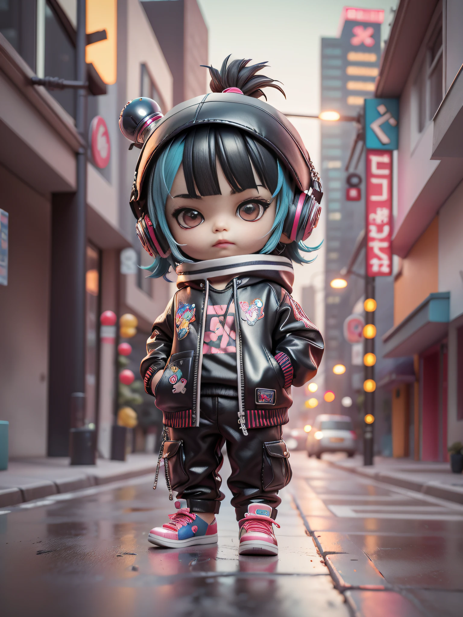 3d toy, 3d rendering, ip, cyberpunk style, chibi, cute **********, mask, simple background, best quality, c4d, blender, 3D MODEL, TOYS, VIVID COLORS, STREET STYLE, HIGH RESOLUTION, A LOT OF DETAILS, PIXAR, CANDY COLORS, BIG SHOES, FASHION TRENDS, ART