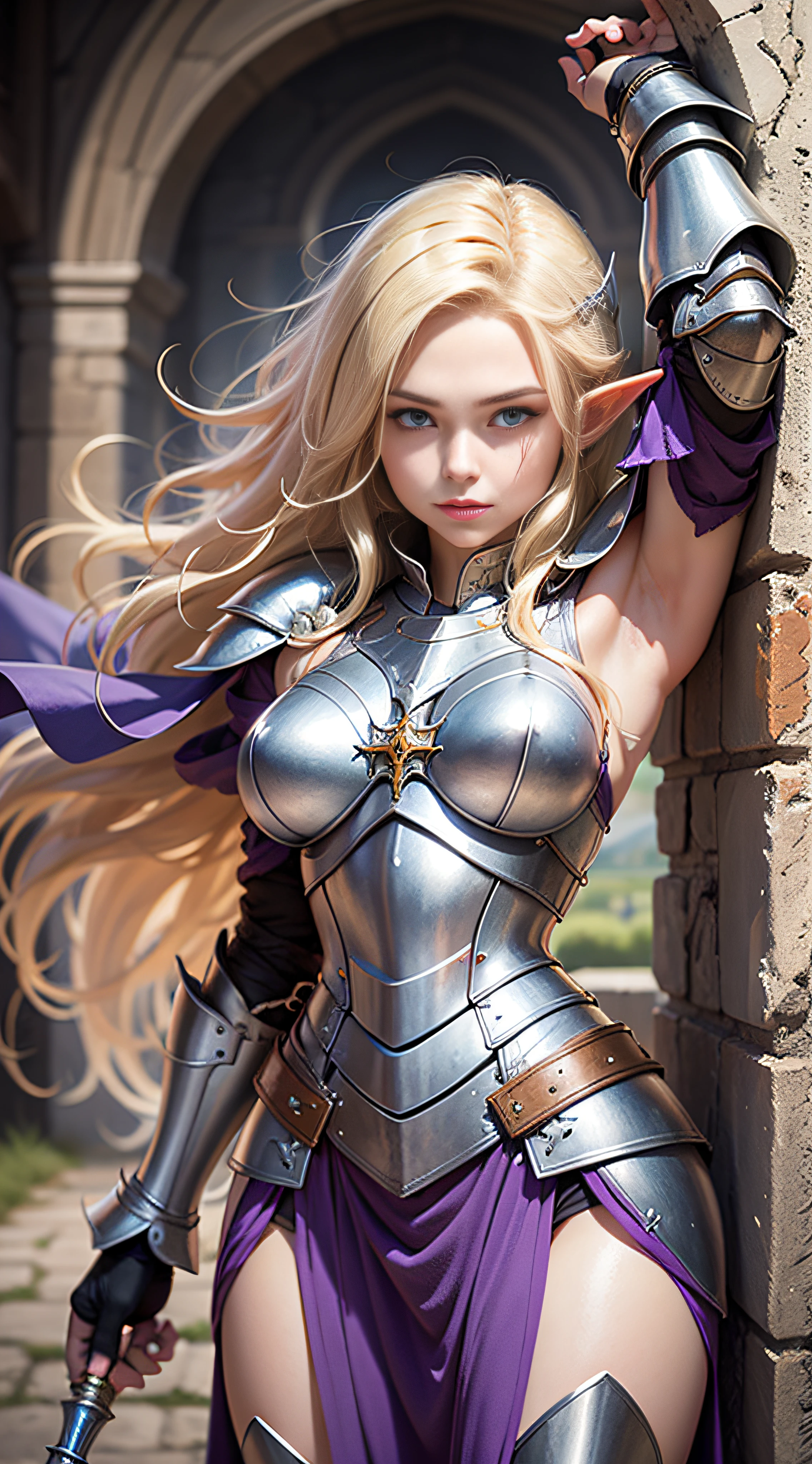 young half-elf woman with straw-blonde hair and pale blue eyes, wearing gleaming plate armor with a purple vestment over it, armpits, atop a medieval castle rampart