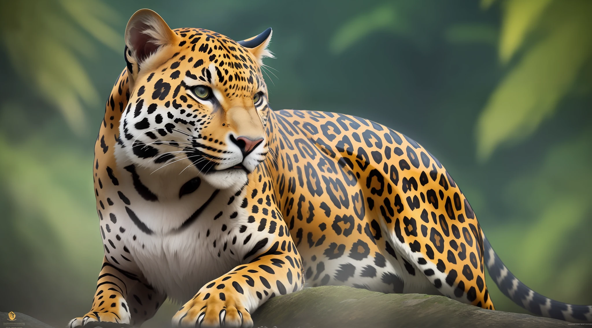 A majestic jaguar, also known as a jaguar, is depicted in a stunning image. Its powerful and muscular body is adorned with a golden coat covered by dark spots in the shape of rosettes. The defined contours of the spots stand out in the shiny coat. The jaguar's piercing eyes reflect an aura of mystery and determination. His elegant posture conveys confidence and an air of supreme predator. In the image, the jaguar is in harmony with its wild habitat, revealing the perfection of nature's adaptation. This image depicts the majesty and unparalleled beauty of the jaguar, a magnificent species essential to the ecosystems in which it inhabits., Art Deco, high detail, depth of field, cinematic lighting, ray tracing, drop shadow, image fill, motion lines, head out of frame, 360 view, Wide-Angle, lens flare, 8k, best quality, highres, award winning, high details, high quality, super detail, textured skin, anatomically correct, masterpiece, ccurate, UHD