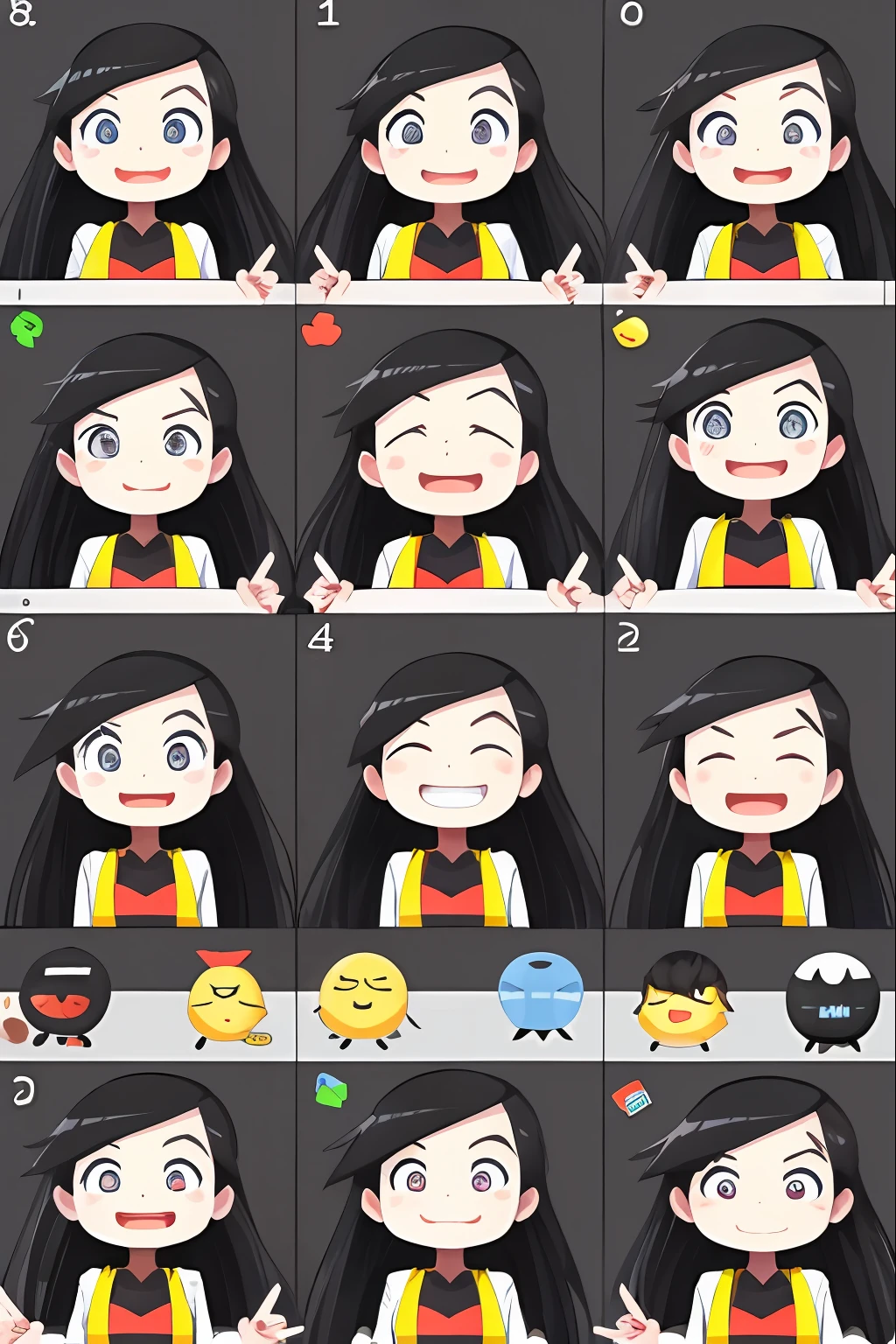 cute girl, emoji pack, 9 emoticons, emoji sheet, multiple poses and expressions, anthropomorphic style, Disney style, black strokes, different emotions,multiple poss and expressions, 8k --niji 5