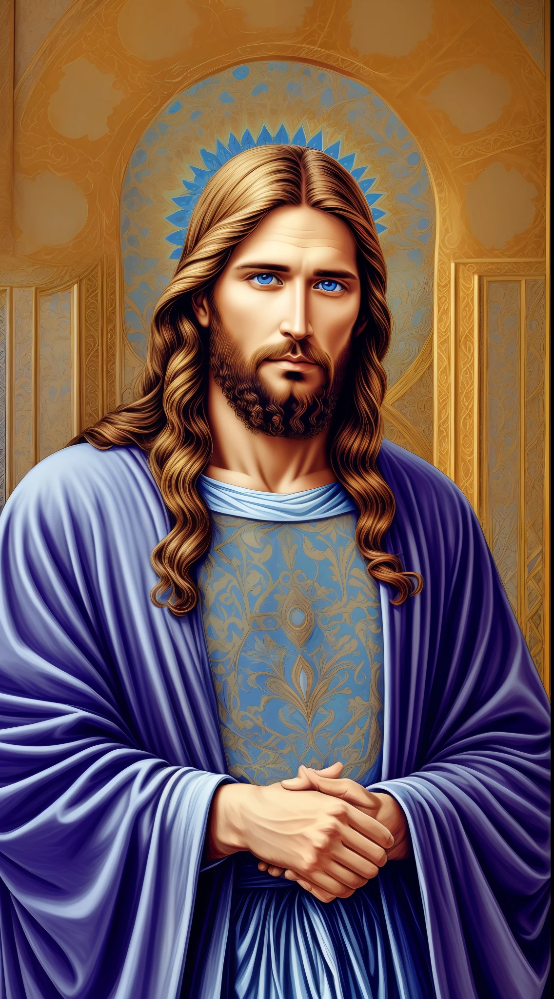 Portrait of a handsome man, Jesus Christ, real blue eyes, sunny day, intricate details. Straight body,  Straight face,  jesus lord