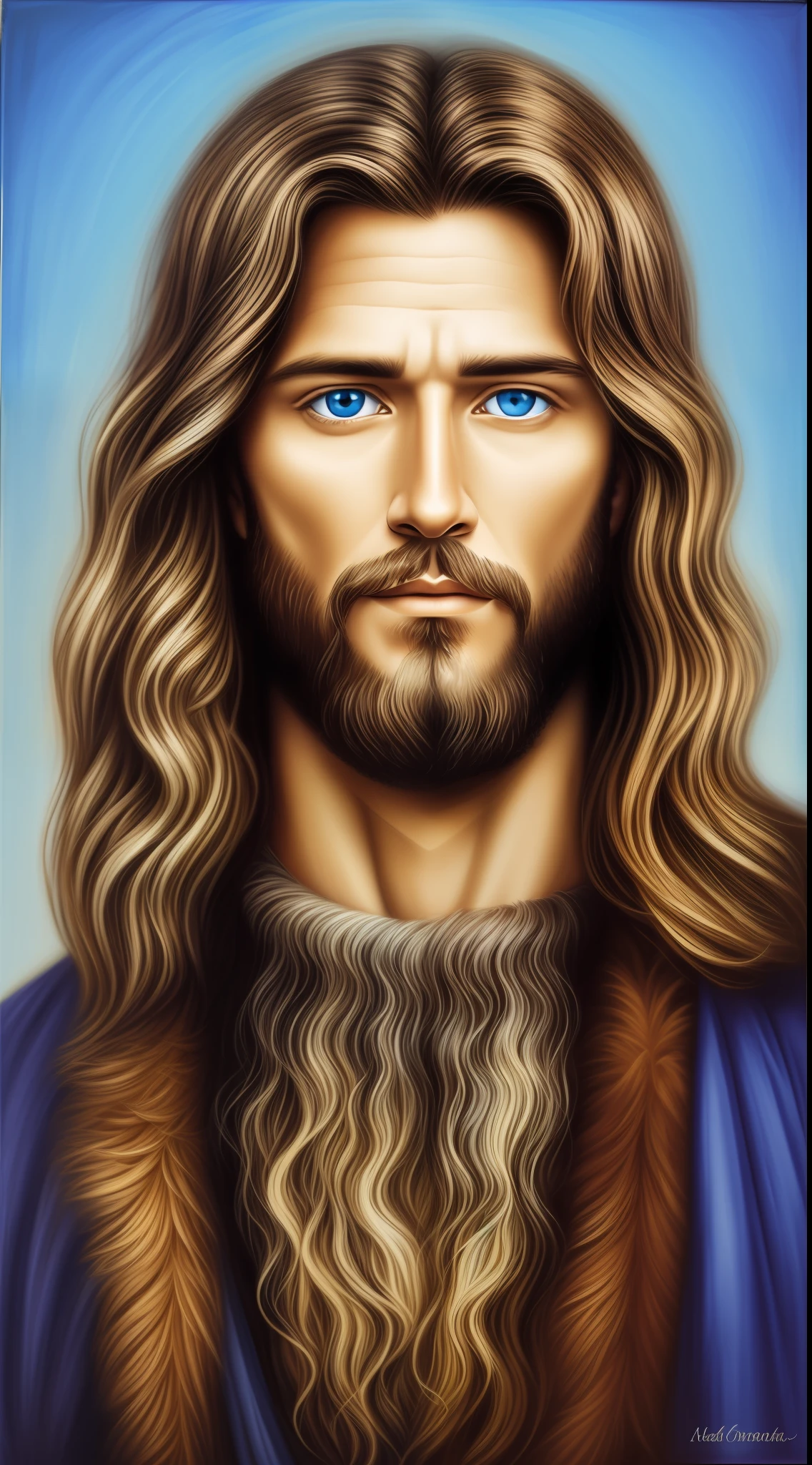 Portrait of a handsome man, Jesus Christ, real blue eyes, sunny day, intricate details. Straight body, Straight face, jesus lord