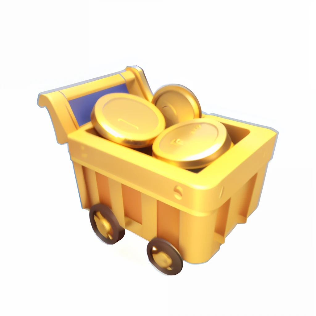 There was a cart，Inside there are coins on a white background, mine cart, cart, Mining, Gold, with many gold coins, item art, shining gold, intricate mine, mines, 9K, 9 k, Unknown, treasure, gold and treasure, 20k, video game item, treasure artifact, 3 d icon for mobile game, farm, underground mine