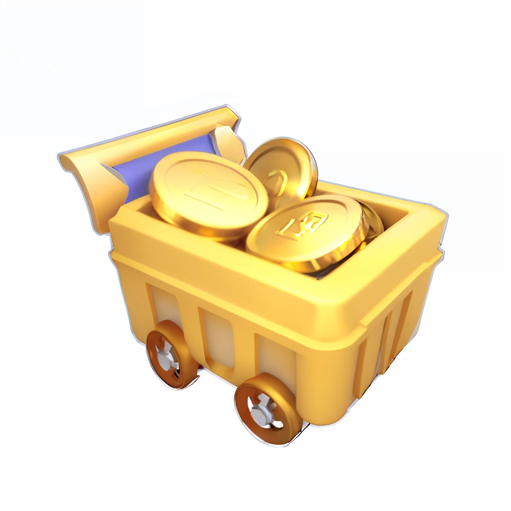 There was a cart,Inside there are coins on a white background, mine cart, cart, Mining, Gold, with many gold coins, item art, shining gold, intricate mine, mines, 9K, 9 k, Unknown, treasure, gold and treasure, 20k, video game item, treasure artifact, 3 d icon for mobile game, farm, underground mine