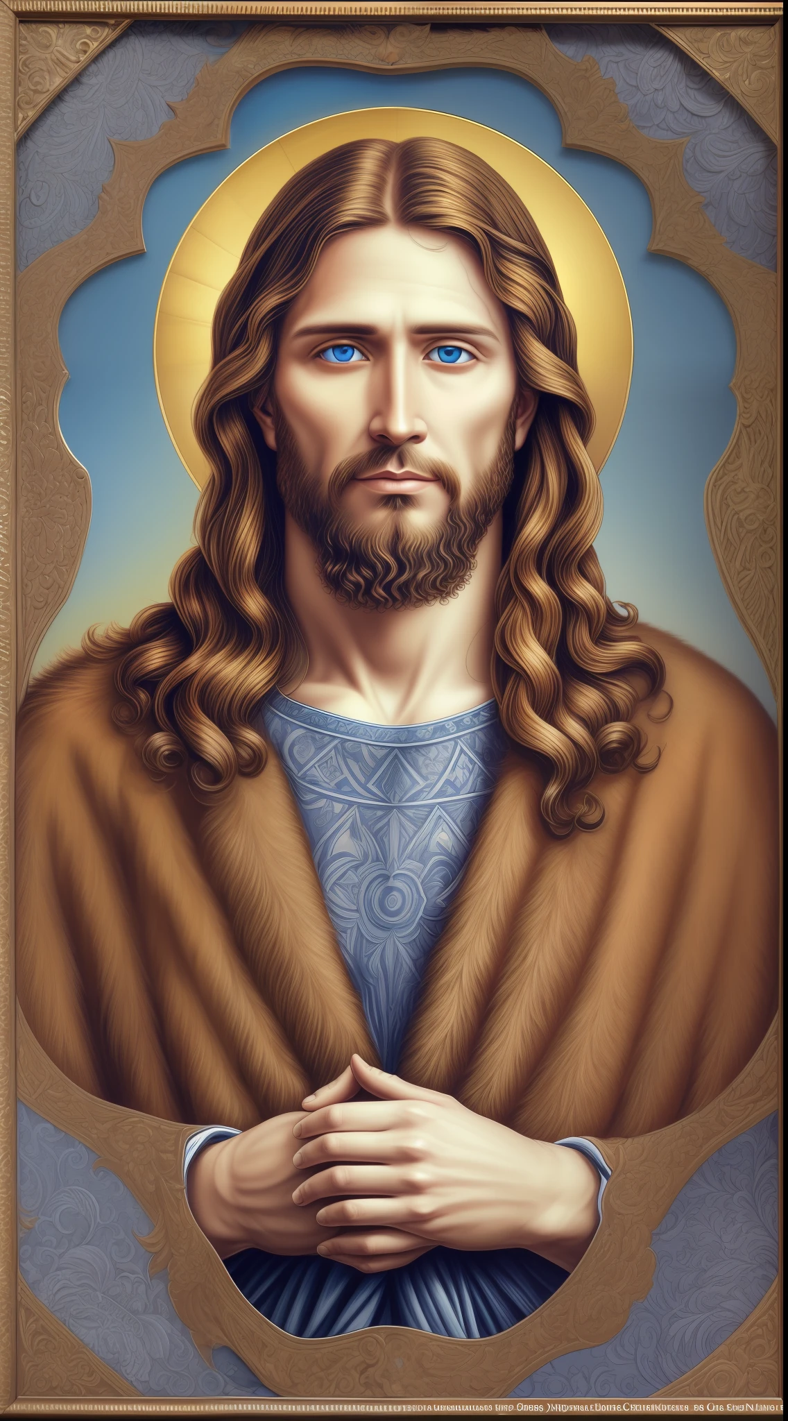 Portrait of a handsome man, Jesus Christ, real blue eyes, sunny day, intricate details. Straight body, Straight face, jesus lord