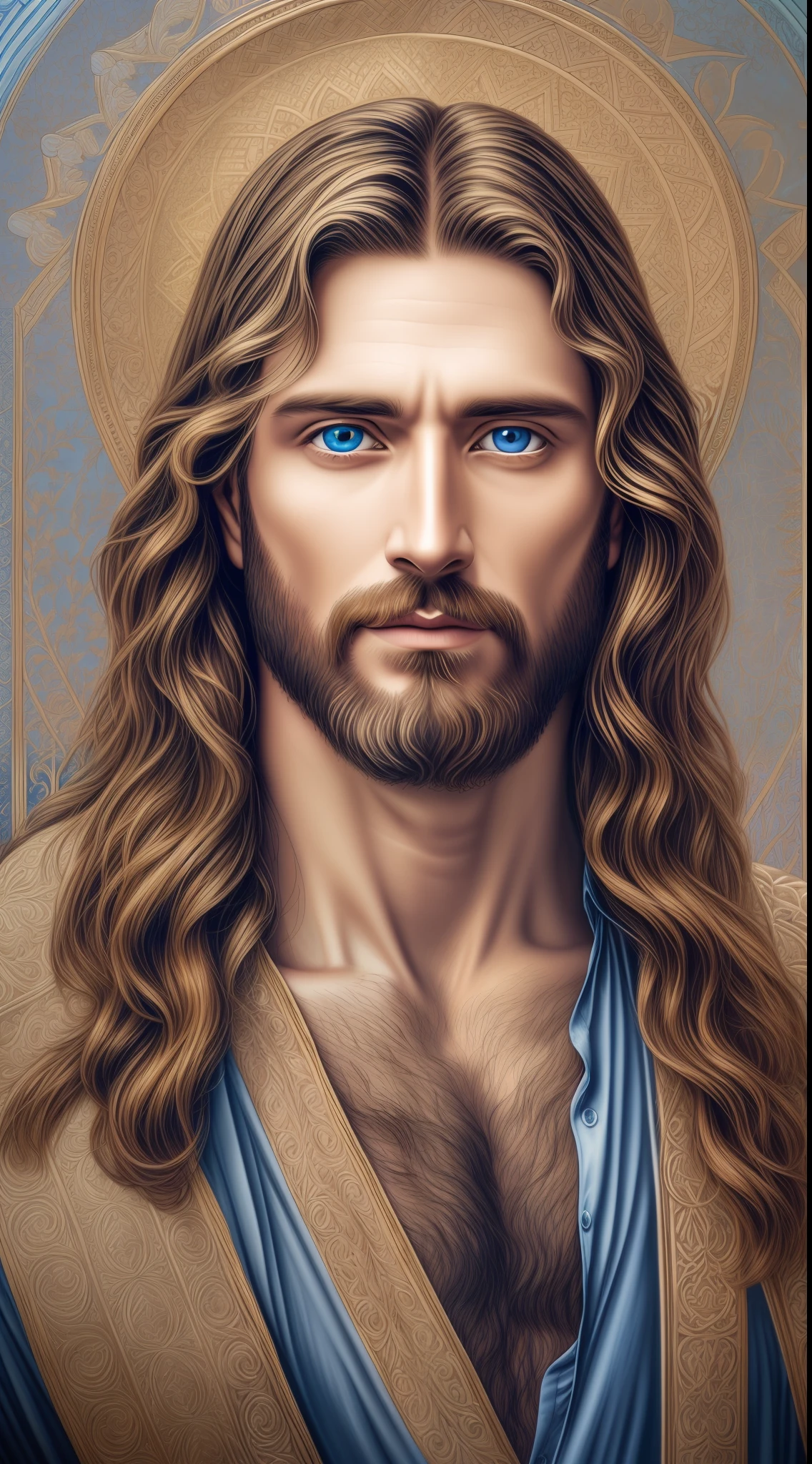 Portrait of a handsome man, Jesus Christ, real blue eyes, sunny day, intricate details. Straight body, Straight face, jesus lord