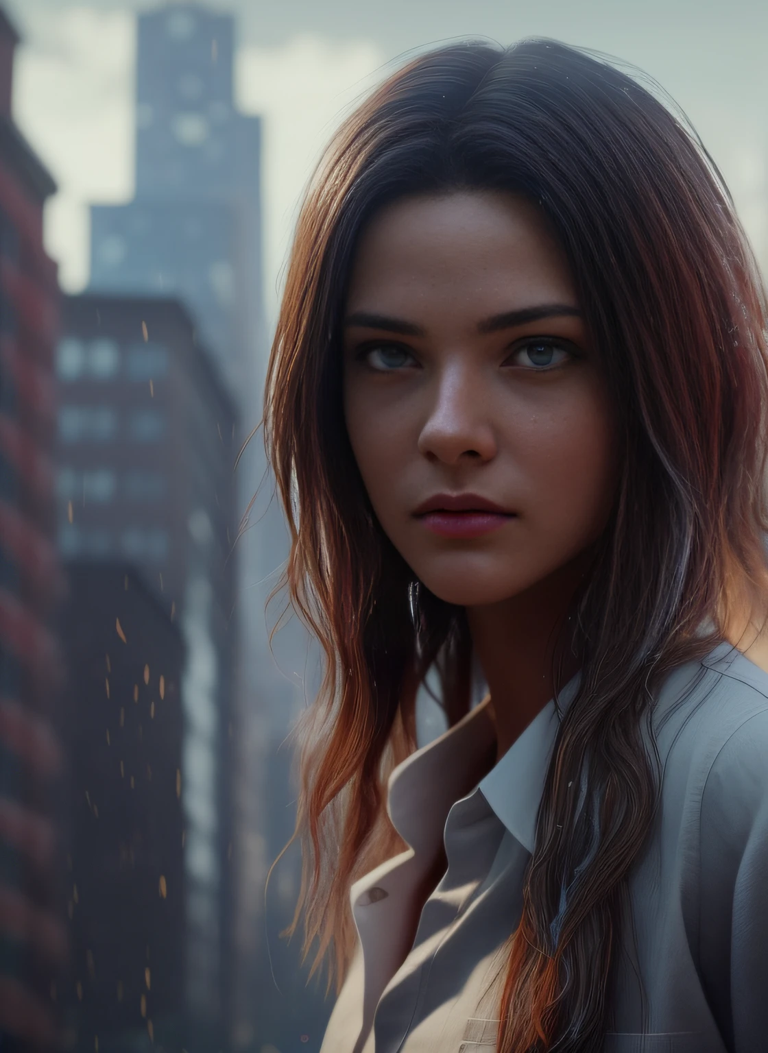 a hyper-realistic photo of a young woman in a dirty white shirt, drenched in rain, her captivating eyes peering through her wet tousled hair, eyes visible through hair, colored inner hair, proper eye position, natural skin, backlight, cinematic light, rim light, soft light , hips, in night time, city side background, detailed color graded background, intricate , highly detail, octane render, HD, 8k,