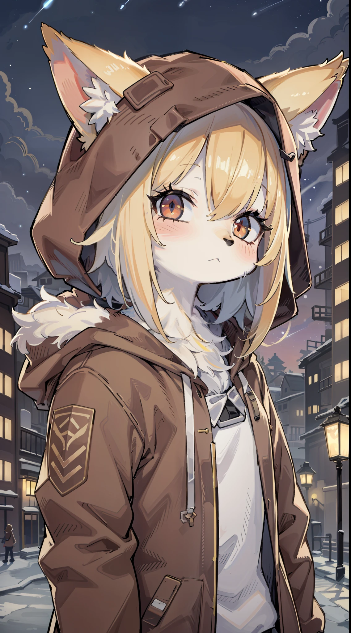 Fox Boy，was hairy，shaggy，Smoothes lashes，Skin fur，Golden fur，Forelimb hands，Golden ears，Golden face fur , Short blonde hair，Red eyes，Super cute face，Brown elements on fur，Brown hooded jacket brown hood up，Ambient light，Ultra-fine fur，volumettic light，Night,natural day light，Fluffy tail，nevando，Night，starry skies，seawall，crossed bangs, hair strand, Shiny hair，gloom (expression)，Empty eyes，Sleepy，dark circles，35mm，sharp talons。High quality, high detailled, Best quality, Ultra HDR