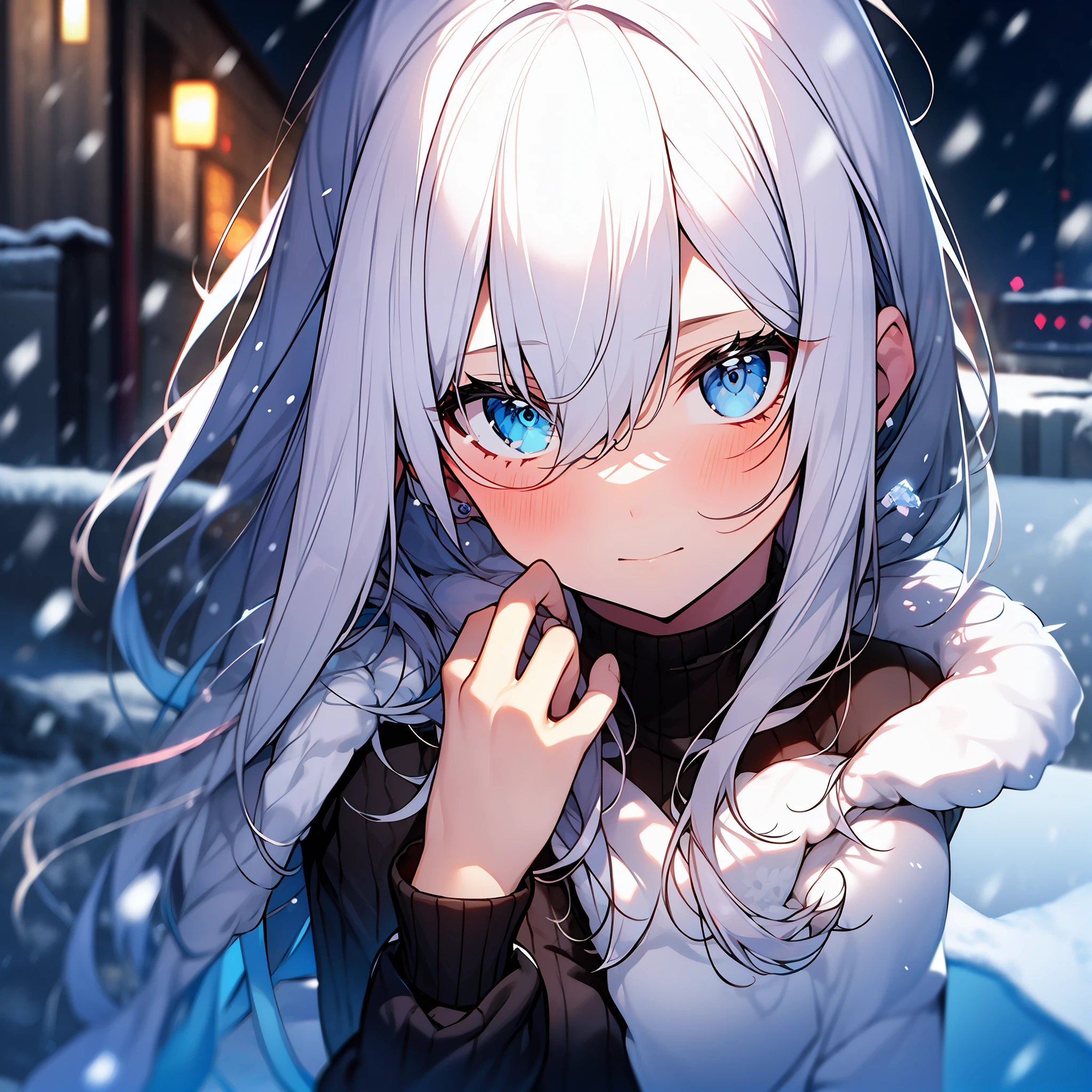 iwhite colored hair,gal girl,Hair between both eyes,Desperate look,In the snow,Rose blanche,Ice crystals in the snow were scattered all over the place
