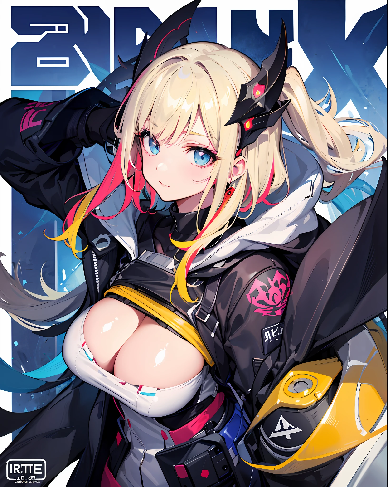 background, mixed-language_text, Japanese letters in graffit, girls, long blonde hair, excellent lighting, sidelighting, perfect ultimate (flat color: 1.3), (magazine_cover: 1.4), (multicolored_background: 1.3), striped_background, card_background, :: discs with sharp and shiny blades in the hand :: circular pieces of white metals glued to the ultra detailed arms coming out sparkling glow, black star design stamped in the middle of the shirt ,  perfect and detailed, ultra detailed shirt with abstract design and with Japanese letter print in graffiti on the sides of the clothes, image of girls with big breast, on top of a futuristic motorcycle, with immersive effects, hover effect, background graffiti style tribal tattoo with flowers and vibrant colors, "ultra HDR" detailed and with focus effect,  (masterpiece: 1.2, best quality), (beautiful eyes with huge eyelashes finely detailed: 1.2), , ((Solo)), (Finely detailed eyes and detailed face :1.3), in various full-body attack poses, (cute background: 1.2),futuristic costume, super detailed circular metals Grabbed on arms and pants, fantastic paintings