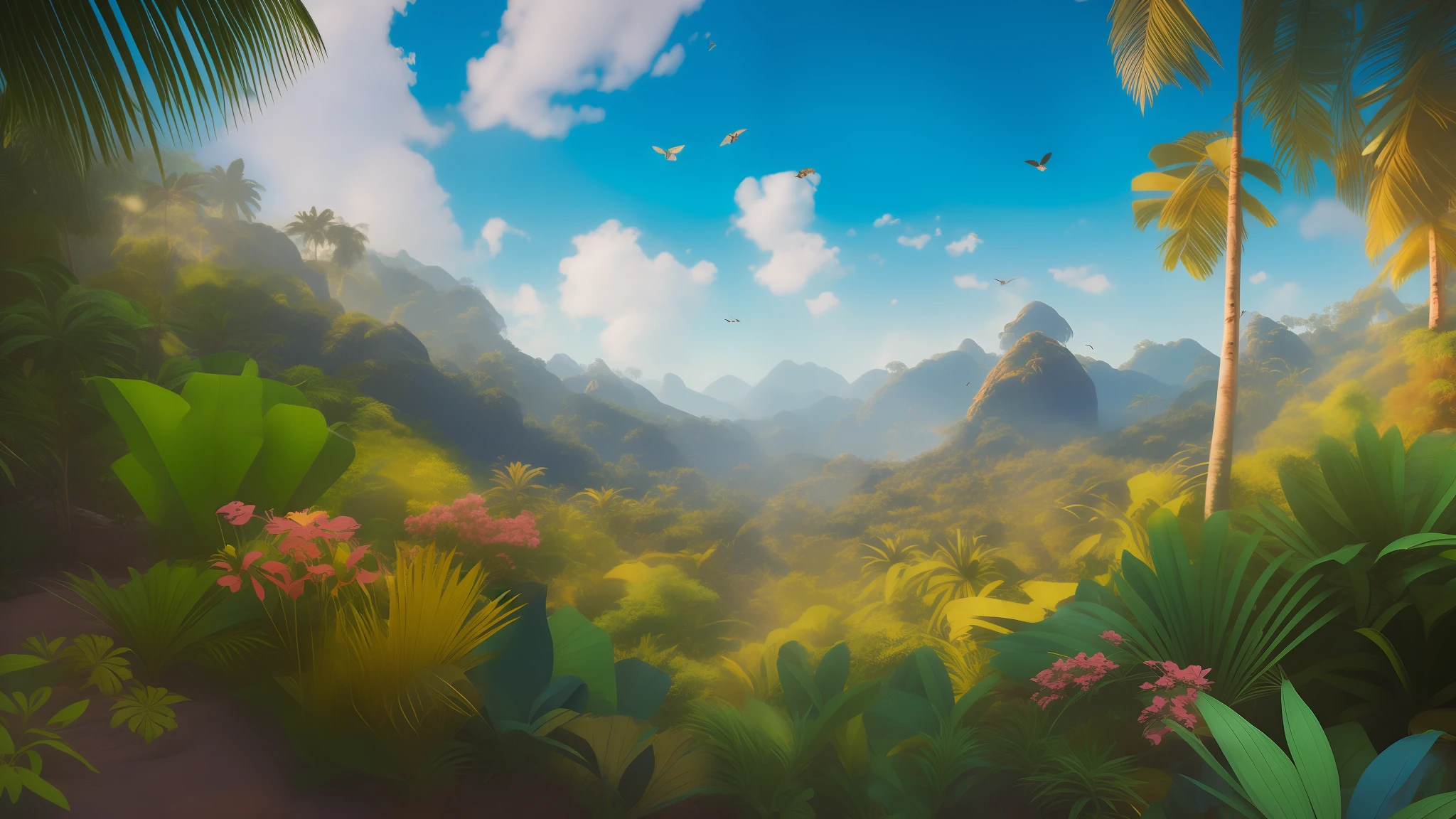 The landscape is made up of a variety of tropical plants such as palm trees, ferns, orchids and bromeliads. They form a dense and colorful vegetation, which contrasts with the blue sky and white clouds. The soil is covered by a layer of dry leaves, which make a crunchy sound under the tiger's paws. The air is moist and warm, but a gentle breeze brings a refreshing relief. The sound of birds, insects and other animals fills the environment with a natural symphony. The landscape conveys a sense of peace and harmony, but also of mystery and adventure., high detail, Realism, cinematic lighting, god rays, ray tracing, bloom, motion lines, vignetting, from below, atmospheric perspective, pov, lens flare, 360 view, 8k, best quality, highres, award winning, high details, anatomically correct, masterpiece, UHD