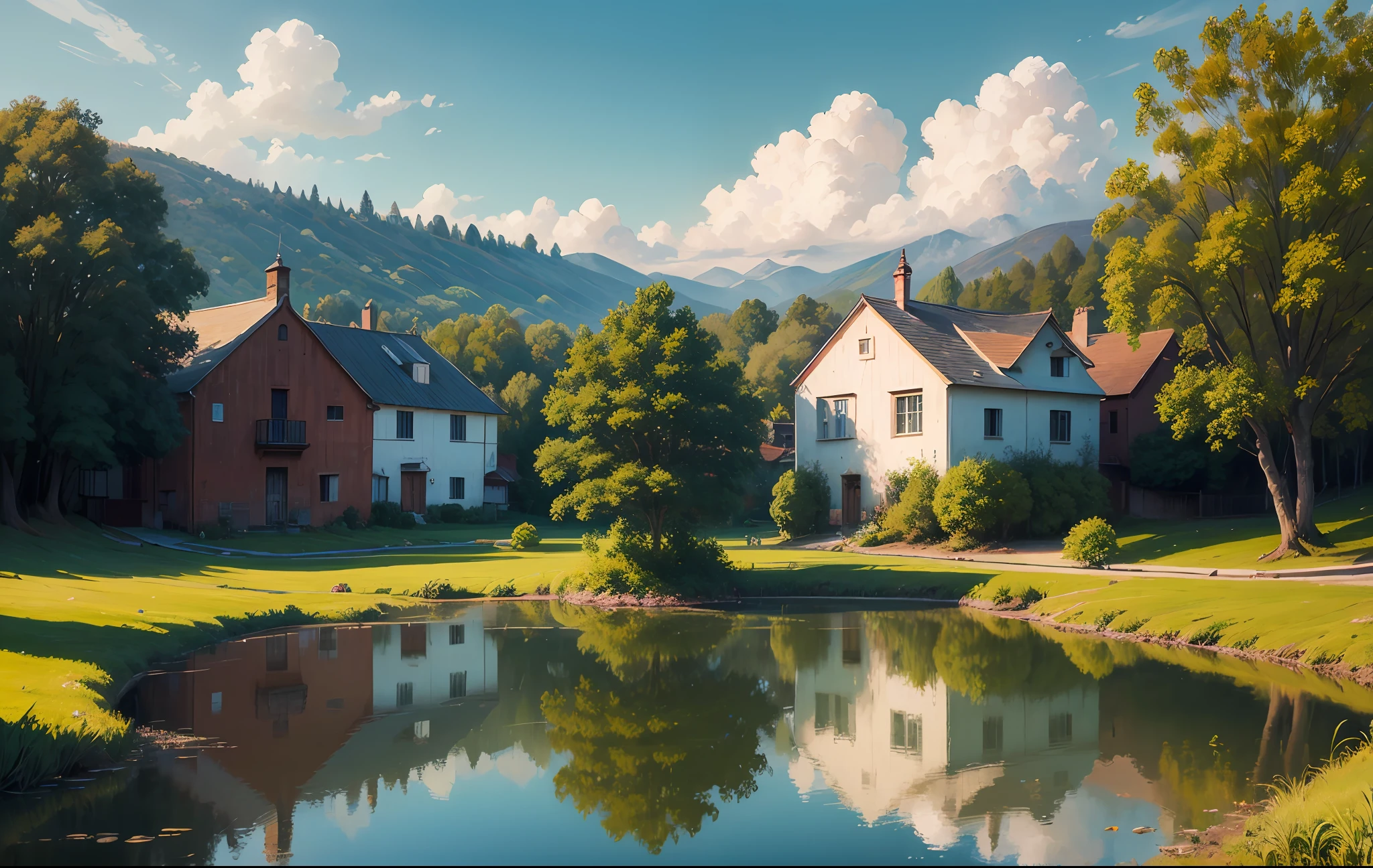 An impressionist painting by Claude Monet Oil on canvas of a small village of white houses and red roofs among the forest on the edge of a large lake where it is reflected, hecho con pinceladas cargadas de oleo y con mucho colorido, In the background a bright light blue sky with small whitish clouds --auto