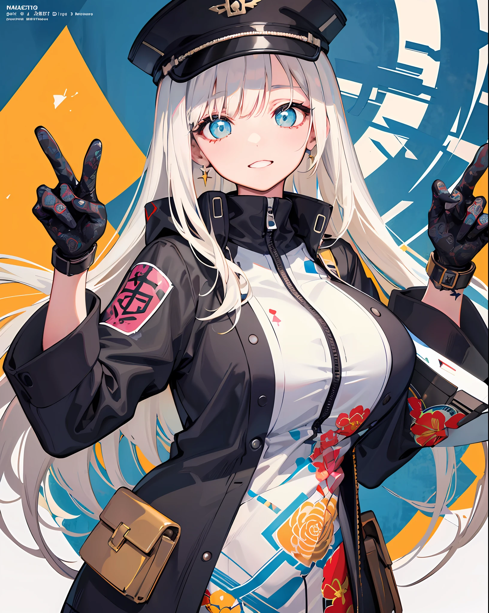 background, mixed-language_text, Japanese letters in graffit, girls, long blonde hair, excellent lighting, sidelighting, perfect ultimate (flat color: 1.3), (magazine_cover: 1.4), (multicolored_background: 1.3), striped_background, card_background, :: discs with sharp and shiny blades in the hand :: circular pieces of white metals glued to the ultra detailed arms coming out sparkling glow, black star design stamped in the middle of the shirt ,  perfect and detailed, ultra detailed shirt with abstract design and with Japanese letter print in graffiti on the sides of the clothes, image of girls with big breast, on top of a futuristic motorcycle, with immersive effects, hover effect, background graffiti style tribal tattoo with flowers and vibrant colors, "ultra HDR" detailed and with focus effect,  (masterpiece: 1.2, best quality), (beautiful eyes with huge eyelashes finely detailed: 1.2), , ((Solo)), (Finely detailed eyes and detailed face :1.3), in various full-body attack poses, (cute background: 1.2),futuristic costume, super detailed circular metals Grabbed on arms and pants, fantastic paintings