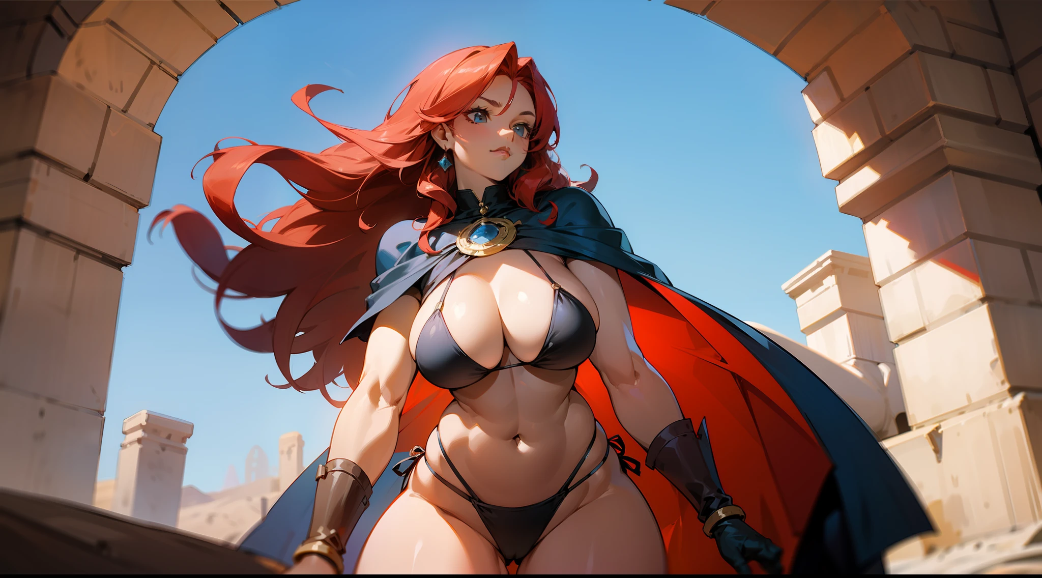 Mature woman, strong, dark skin, black bikini, cape, long red hair, large breasts, large thighs, can dynamic, heroic weight, fantasy, medieval, desert, sun, blue sky, well detailed brightness.