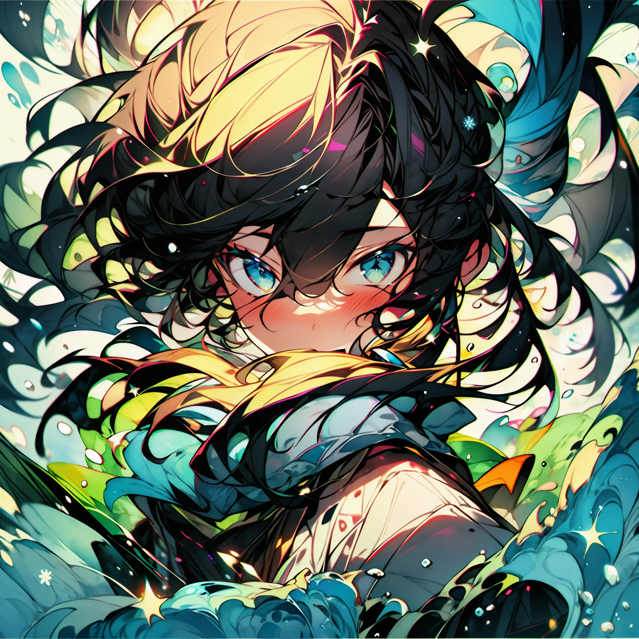 (watercolors:1.2),iwhite colored hair,gal girl,snowfield,Desperate look,Ice crystals scattered around