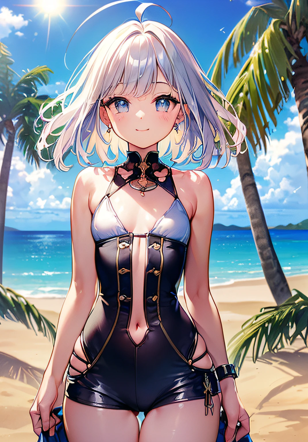 (((Masterpiece)), (((Highest Quality)), (((Very delicate and beautiful)), (Highly detailed CG Unity 8K wallpaper: 1.3), Very delicate light, (Backlight), (Steampunk),
/=、
(Cowboy Body)), (1 : 1.3), Solo, (Petite), (Small), White Swimsuit, High Waist Shorts, White Hair, Blue Eyes, Earrings, (Wavy Curly Short Hair), (Ahoge), (Cute Face: 1.114), (Fine Eyes: 1.15), (Cute Face: 1.114)
, (beautiful fine eyes and beautiful face: 1.15),
The girl is smiling and looks happy in a beautiful tropical landscape. Behind her, the sun is setting, casting a warm glow on the scene, creating a dreamy atmosphere. In the distance, palm trees sway in the breeze, creating a leisurely retro atmosphere, such as sand, sun, beach, sea, horizon, etc.
Highly detailed ray tracing