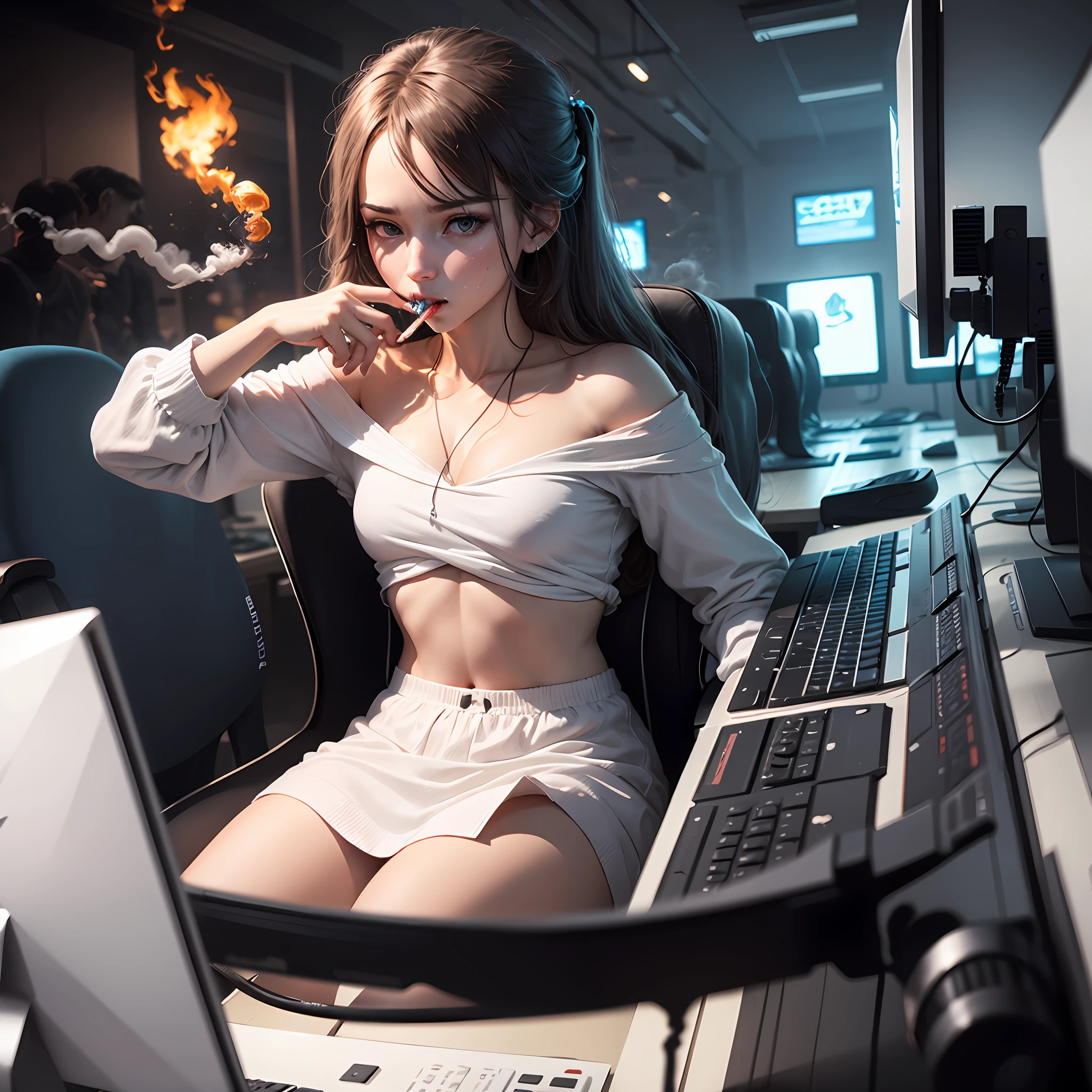 Dressed in white,Playing games in an Internet café with smoke in your mouth --auto