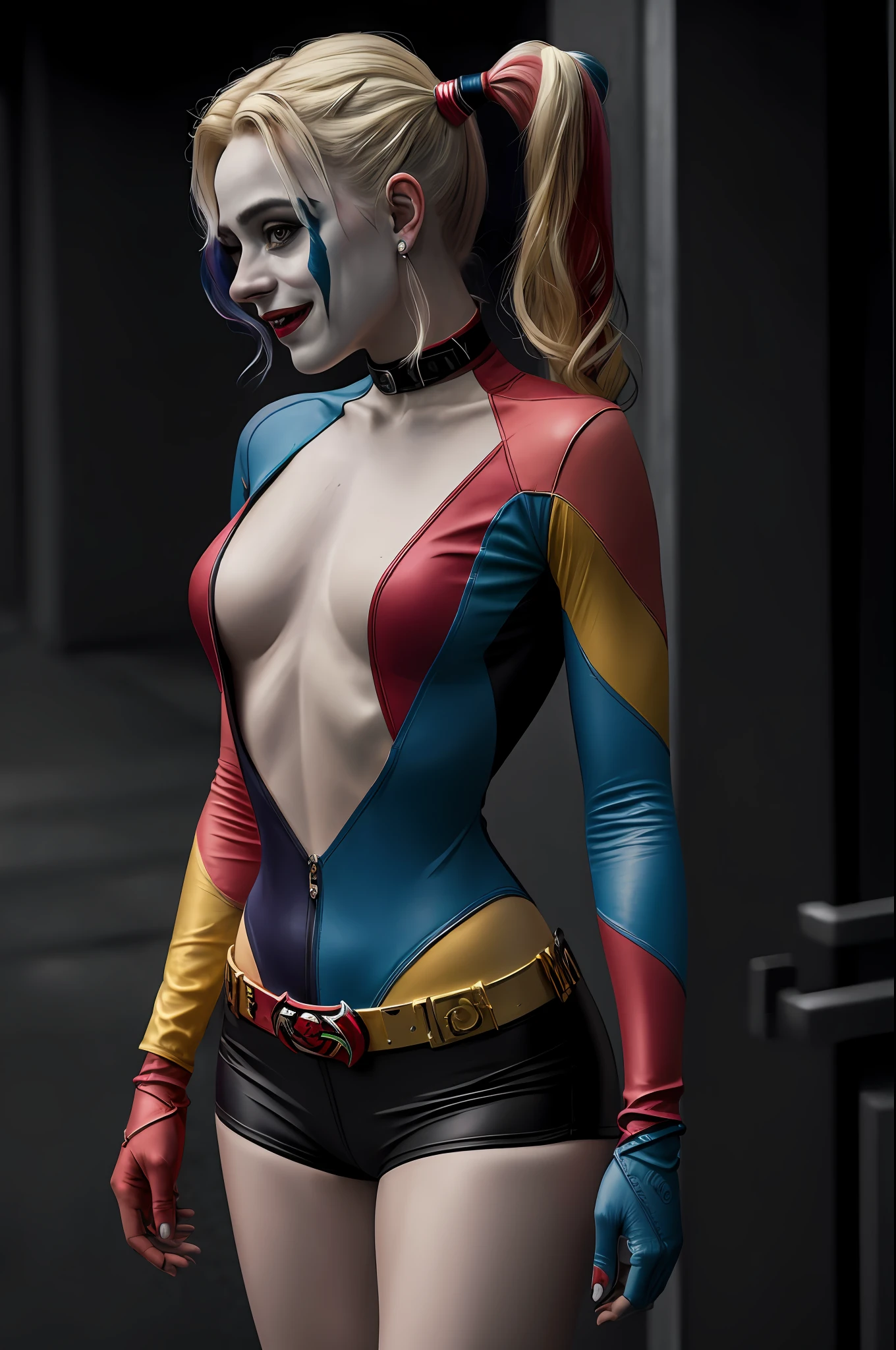 (16k, foto RAW, melhor qualidade, obra-prima: 1.2), ultra-detalhado, arte formal, foto realismo: 1.37, foto do corpo inteiro, (mulher, beleza ,( Harley quinn)film grain, villain action pose (risonha))detalhes Dc