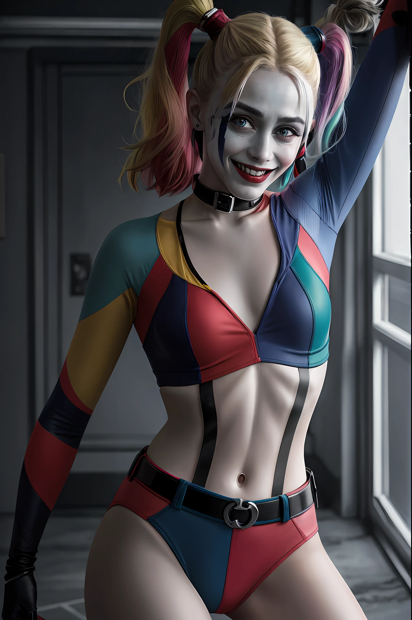 (16k, foto RAW, melhor qualidade, obra-prima: 1.2), ultra-detalhado, arte formal, foto realismo: 1.37, foto do corpo inteiro, (mulher, beleza ,( Harley quinn)film grain, villain action pose (risonha))detalhes Dc