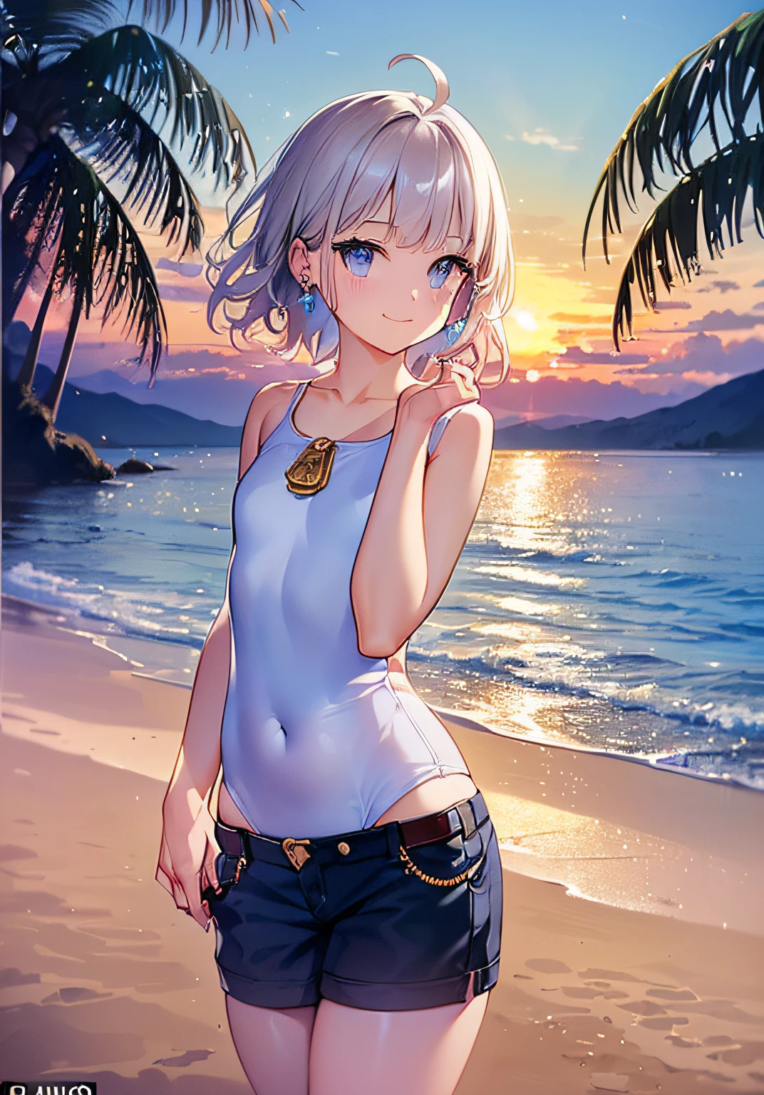 (((Masterpiece)), (((Highest Quality)), (((Very delicate and beautiful)), (Highly detailed CG Unity 8K wallpaper: 1.3), Very delicate light, (Backlight), (Steampunk),
/=、
(Cowboy Body)), (1 Loli: 1.3), Solo, (Petite), (Small), White Swimsuit, High Waist Shorts, White Hair, Blue Eyes, Earrings, (Wavy Curly Short Hair), (Ahoge), (Cute Face: 1.114), (Fine Eyes: 1.15), (Cute Face: 1.114)
, (beautiful fine eyes and beautiful face: 1.15),
The girl is smiling and looks happy in a beautiful tropical landscape. Behind her, the sun is setting, casting a warm glow on the scene, creating a dreamy atmosphere. In the distance, palm trees sway in the breeze, creating a leisurely retro atmosphere, such as sand, sun, beach, sea, horizon, etc.
Highly detailed ray tracing