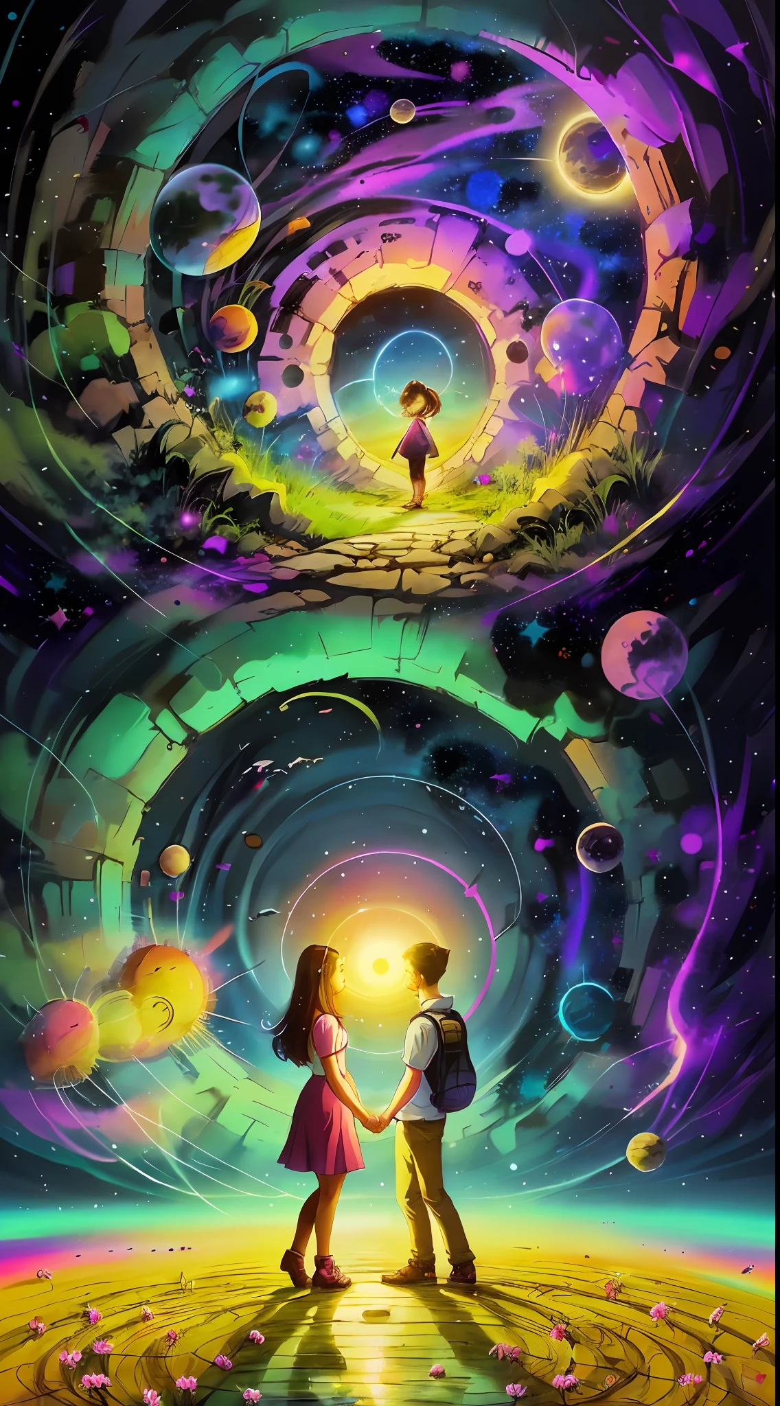 Girl and boyfriend, holding hands, Flowers Love, heart, standing in front of a space portal overlooking the pink sun, Cyril Rolando and Goro Fujita, A portal to another universe, inspired by Cyril Rolando, Portal to another dimension, world, visible only through the portal, high quality fantasy stock photo, Portal to another world, Portal to outer space, in the style of Cyril Rolando, Looking into space, universe, Magical Galactic Portal, The Cycle of the Stars, God, River, mountain, top, Cannabis, Marijuana