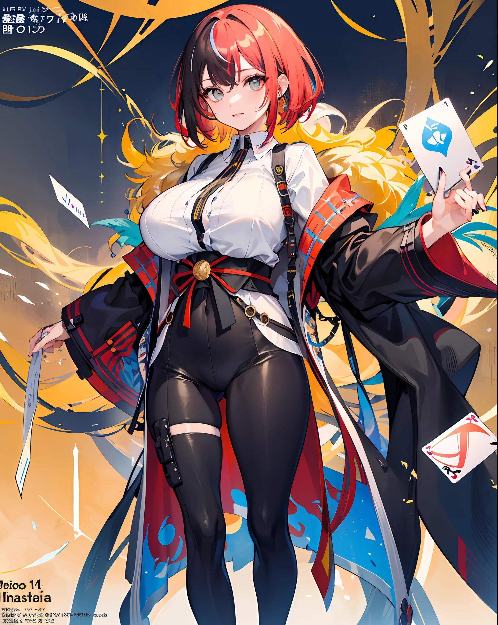 background, misto-language_text, letras japonesas em graffit ,garotas, long gradient red hair, excellent lighting, sidelighting, perfeito ultimate (cor plana: 1.3), (magazine_cover: 1.4), (multicolored_background: 1.3), striped_background, card_background, :: discs with sharp, shiny blades in hand :: circular pieces of white metals glued to the ultra detailed arms coming out of shimmering glow, desenho de estrela negra estampada no meio da camisa , perfeita e detalhada, camisa ultra detalhado com desenho abstrato e com estampa de letras japonesas em grafit dos lados da roupa, imagem de garotas com big breast, accompanied by an ultra-detailed cyborg lion, com efeitos imersivos, efeito pairar, fundo estilo grafite tatuagem tribal com flores e cores vibrantes, "hdr ultra" detalhadas e com efeito de foco, (obra-prima: 1.2, melhor qualidade), (beautiful eyes with huge finely detailed eyelashes: 1.2), , ((Solo)), (Olhos finamente detalhados e rosto detalhado :1.3), in various full-body attack poses, (fundo bonito : 1.2),traje futurista, Super detailed circular metals Grabbed on the arms and pants, Fantastic paintings