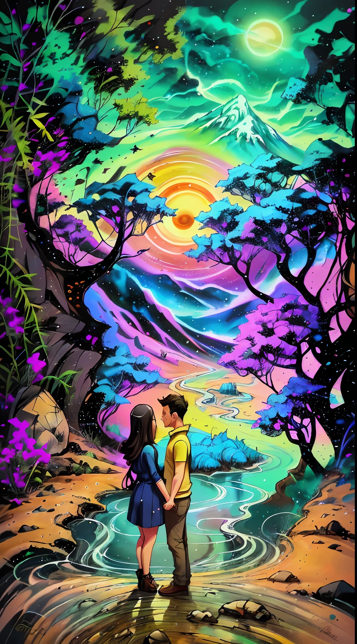 Girl and boyfriend, holding hands, home, Cozy cottage, river, mountains, Wood, lake, Love, heart, standing in front of a space portal overlooking the pink sun, Cyril Rolando and Goro Fujita, A portal to another universe, inspired by Cyril Rolando, Portal to another dimension, world, visible only through the portal, high quality fantasy stock photo, Portal to another world, Portal to outer space, in the style of Cyril Rolando, Looking into space, universe, Magical Galactic Portal, The Cycle of the Stars, God, River, mountain, top, Cannabis, Marijuana