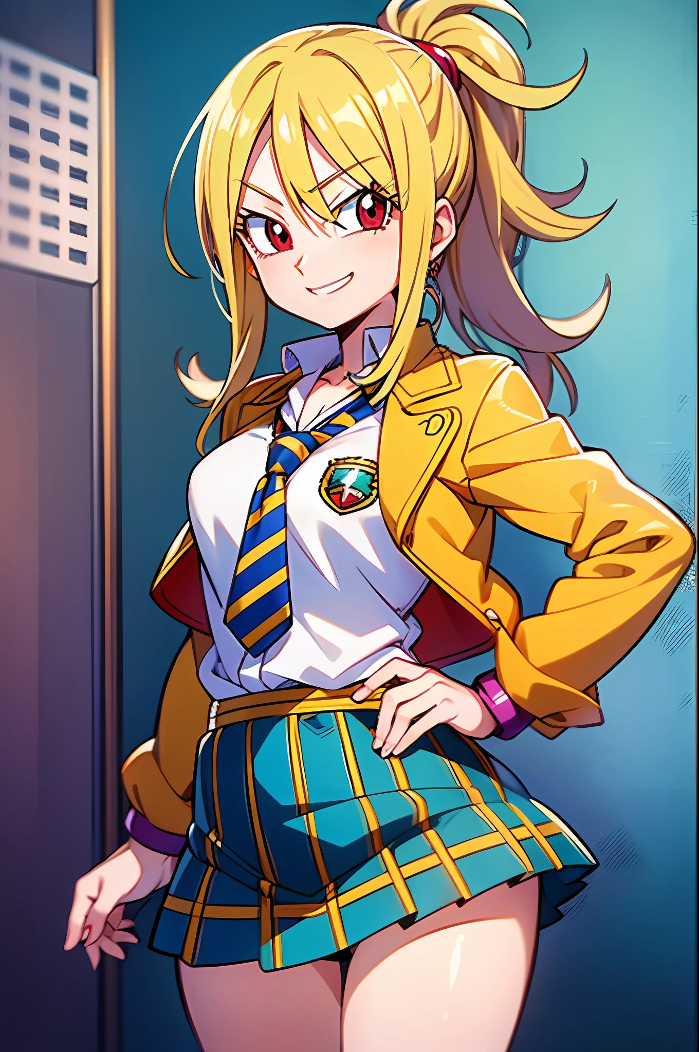 light smile, schoolgirl attire, white blouse with yellow jacket, green striped tie, red plaid skirt, red eyes and red hair in a twin ponytail, (style of dragon ball z and fairy tail anime), (illustrated by Akira Toriyama and Hiro Mashima), (style mixing), Lucy Heartfilia, Android18