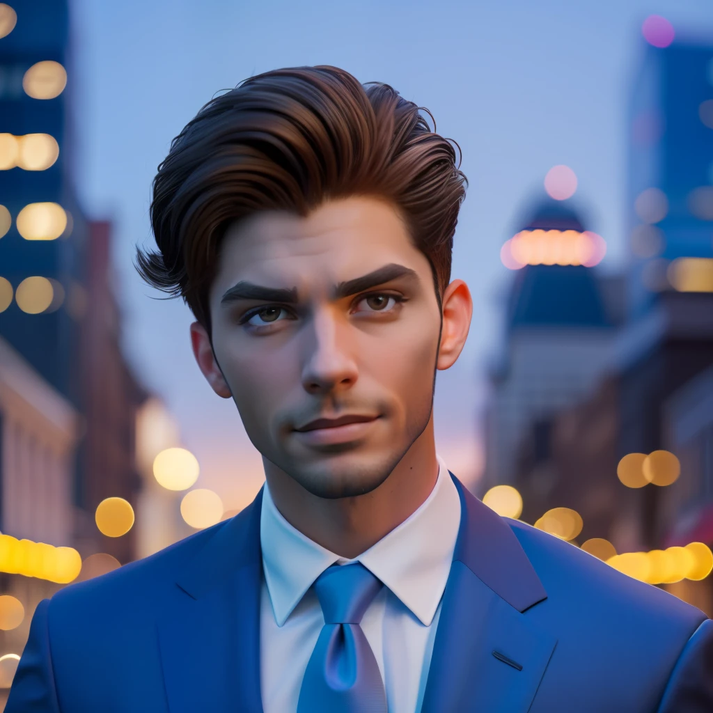(a handsome man:1.2),(strong facial features),(confident expression:1.1),(well-groomed hair),(wearing a stylish suit),(standing in a cityscape),(vibrant colors),(city lights:1.1)