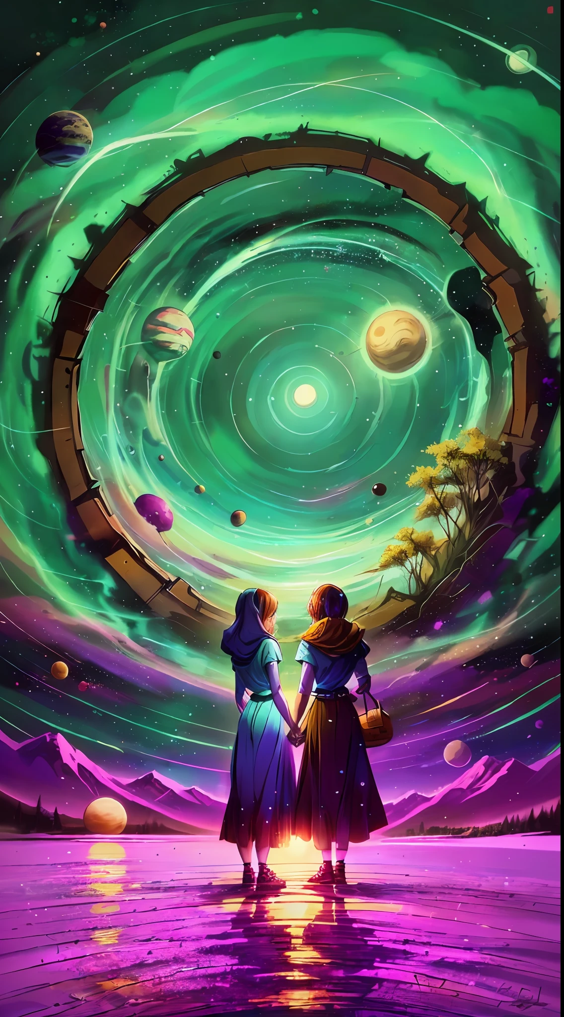 Girl and boyfriend, holding hands, home, Cozy cottage, river, mountains, Wood, lake, Love, heart, standing in front of a space portal overlooking the pink sun, Cyril Rolando and Goro Fujita, A portal to another universe, inspired by Cyril Rolando, Portal to another dimension, world, visible only through the portal, high quality fantasy stock photo, Portal to another world, Portal to outer space, in the style of Cyril Rolando, Looking into space, universe, Magical Galactic Portal, The Cycle of the Stars, God, River, mountain, top, ????????, ?????????