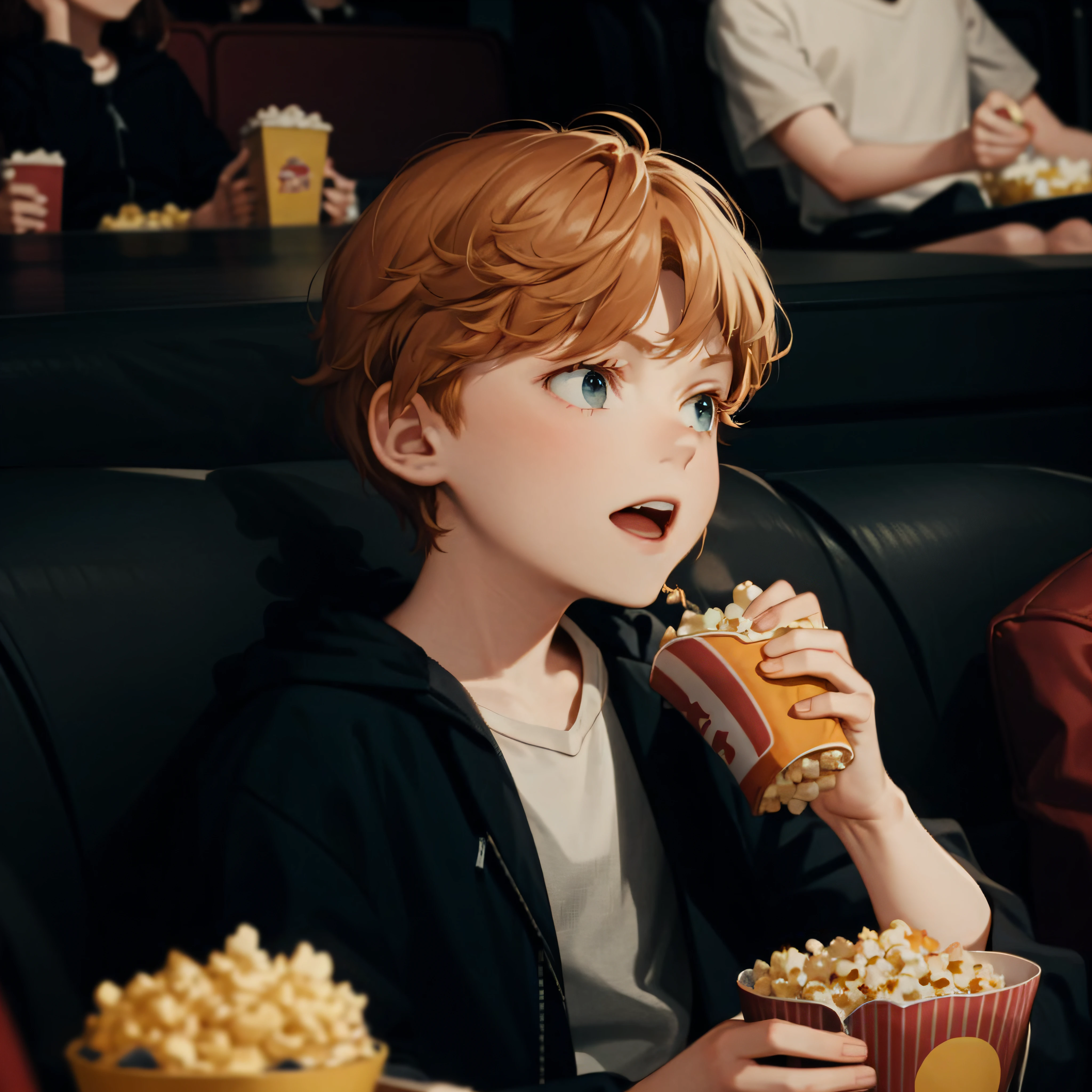 1 ******, a kid holding popcorn while sitting in a movie theater, cinema, filmes, camisa casual