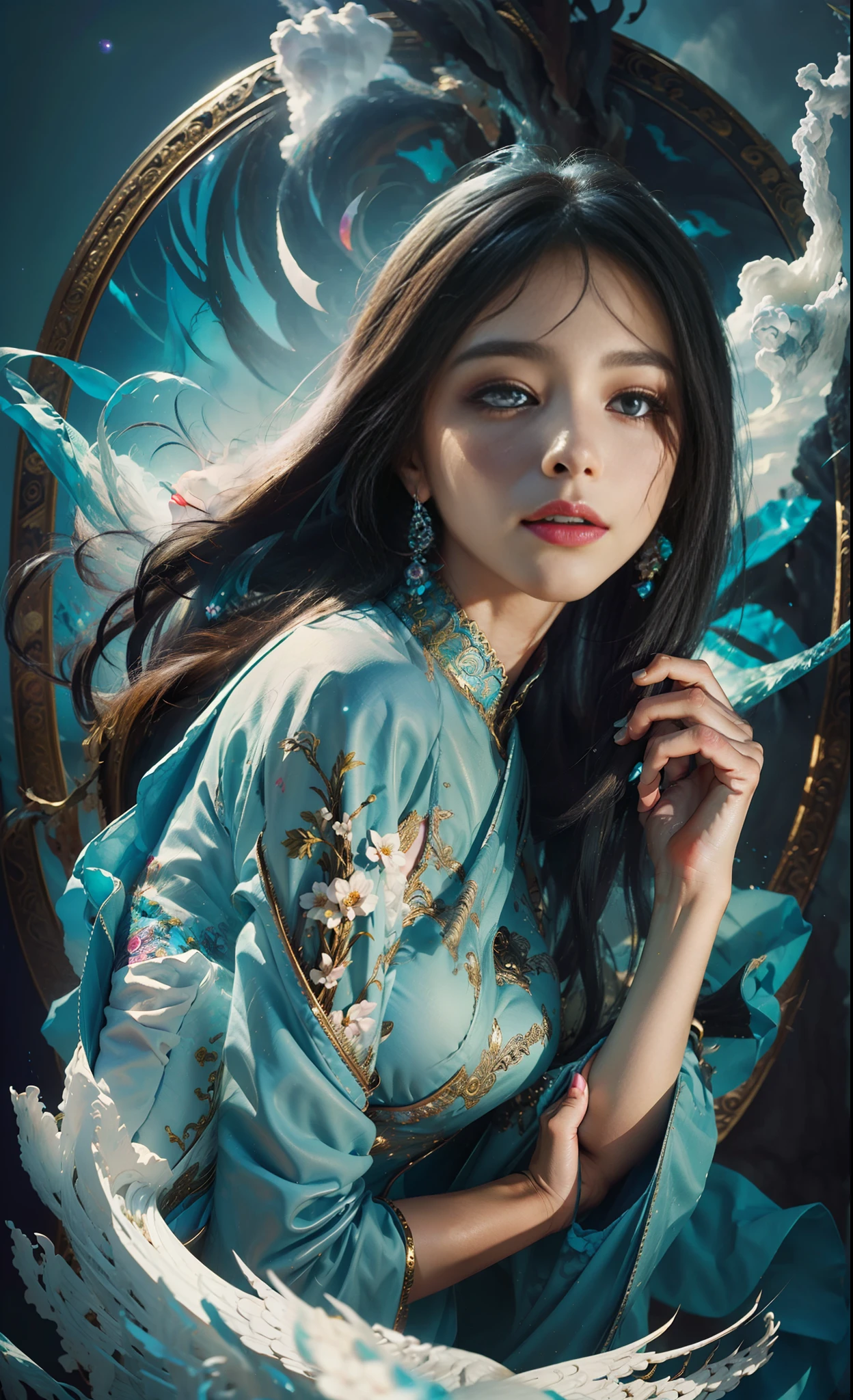 zhongfenghua, 1girl, (full body) solo, hanfu, flower field, blossom, (white smokes:1.3) (photorealistic:1.4), zentangle, mandala, entangle, official art, unity 8k wallpaper, ultra detailed, beautiful and aesthetic, masterpiece,best quality, (dynamic angle:1.4), glowing skin, (floating colorful sparkles:1) the most beautiful form of chaos, elegant, a brutalist designed, vivid colours, romanticism depth of field,