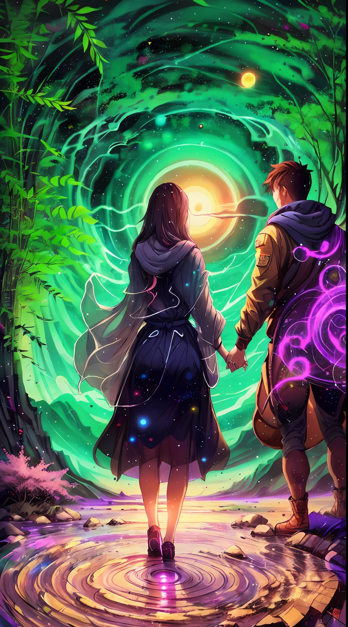 Girl and boyfriend, holding hands, home, Cozy large villa, Flowers, Plants, River, mountains, Wood, lake, Love, heart, standing in front of a space portal overlooking the pink sun, Cyril Rolando and Goro Fujita, A portal to another universe, inspired by Cyril Rolando, Portal to another dimension, world, visible only through the portal, high quality fantasy stock photo, Portal to another world, Portal to outer space, in the style of Cyril Rolando,  Looking into space, universe, Magical Galactic Portal, The Cycle of the Stars, God, River, mountain, top, Cannabis, Marijuana