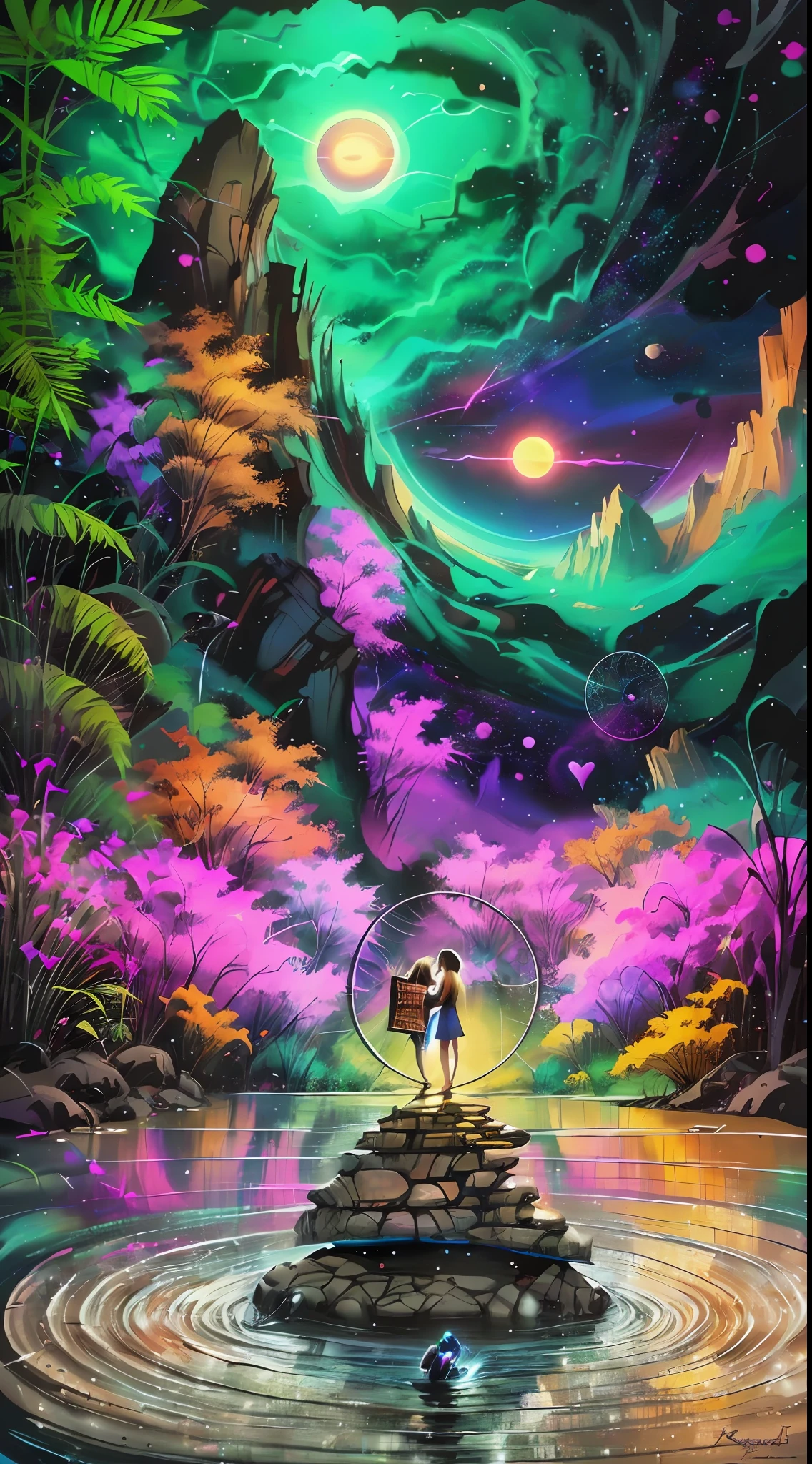 Girl and boyfriend, holding hands, home, Cozy large villa, Flowers, Plants, River, mountains, Wood, lake, Love, heart, standing in front of a space portal overlooking the pink sun, Cyril Rolando and Goro Fujita, A portal to another universe, inspired by Cyril Rolando, Portal to another dimension, world, visible only through the portal, high quality fantasy stock photo, Portal to another world, Portal to outer space, in the style of Cyril Rolando,  Looking into space, universe, Magical Galactic Portal, The Cycle of the Stars, God, River, mountain, top, Cannabis, Marijuana