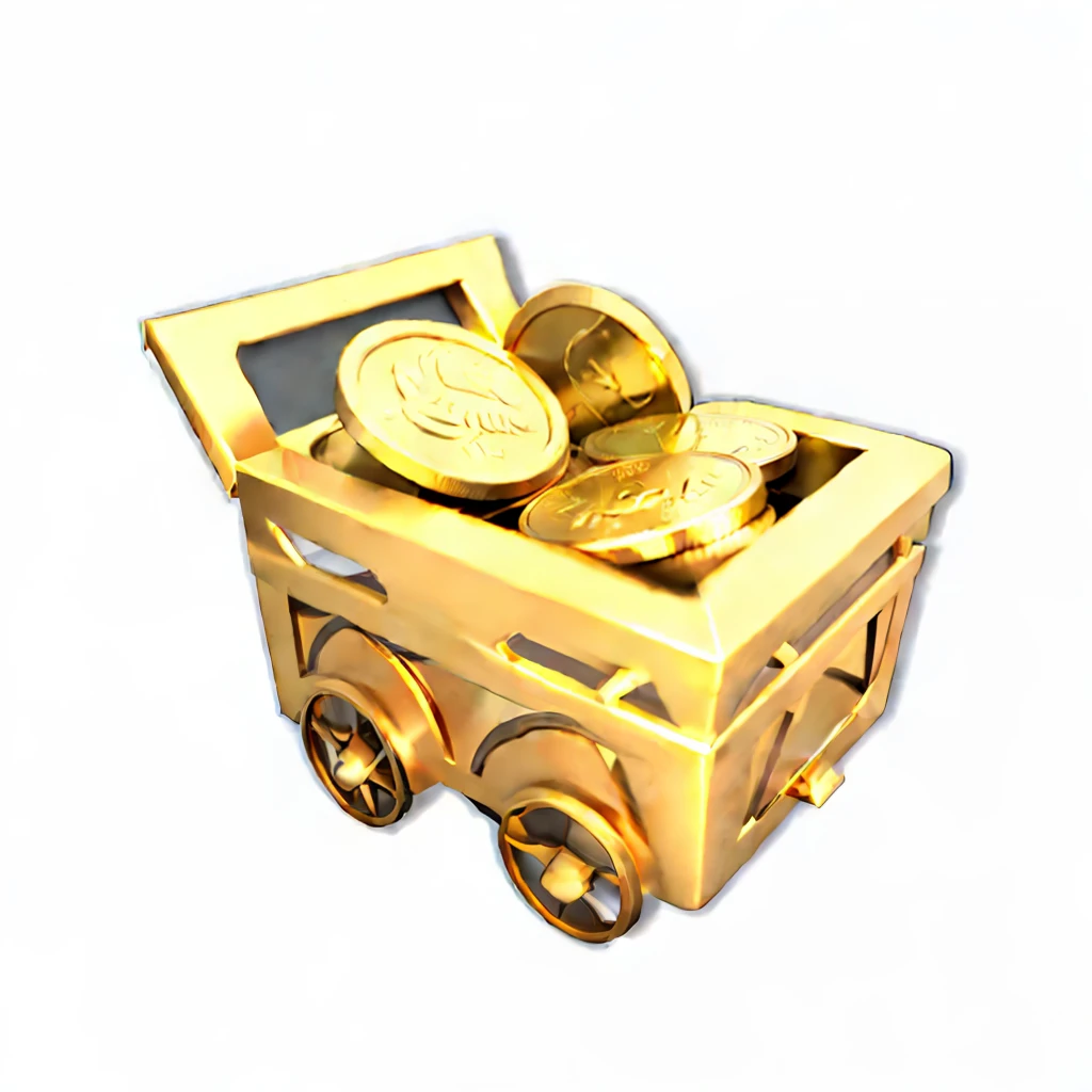 A close-up of a gold box，There are coins inside, mine cart, Mining, item art, Gold, with many gold coins, 3 d icon for mobile game, treasure artifact, cart, mines, gold and treasure, video game item, treasure box, shining gold, treasures of gold, gold coins, treasure, chariot, treasure chest, cart wheels
