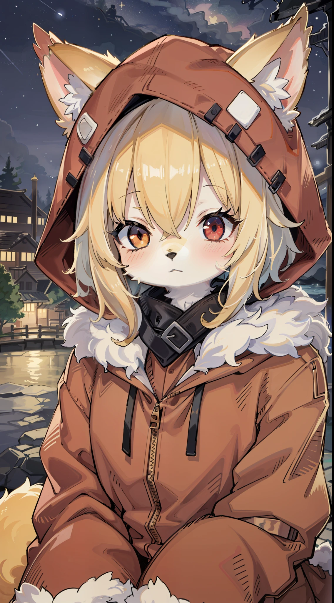 red fox,male child,was hairy,shaggy,Male eyelashes,Skin fur,Golden fur,Forelimb hands,Golden ears,Golden face fur , Short blonde hair,Red eyes,Super cute face,Brown elements on fur,Brown hooded jacket brown hood up,Ambient light,Ultra-fine fur,volumettic light,Night,natural day light,Fluffy tail,nevando,Night,starry skies,seawall,crossed bangs, hair strand, Shiny hair,gloom (expression),Empty eyes,Sleepy,dark circles,35mm,sharp talons。High quality, high detailled, Best quality, Ultra HDR