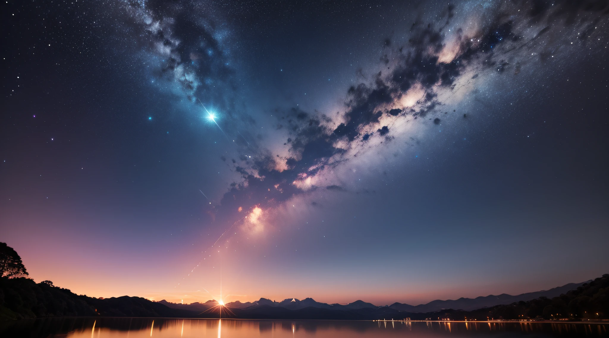 Lago, montadinhas distantes, universo com ceu estrelado, It's night and there are sparkles in the sky. vivido, uma obra prima --auto
