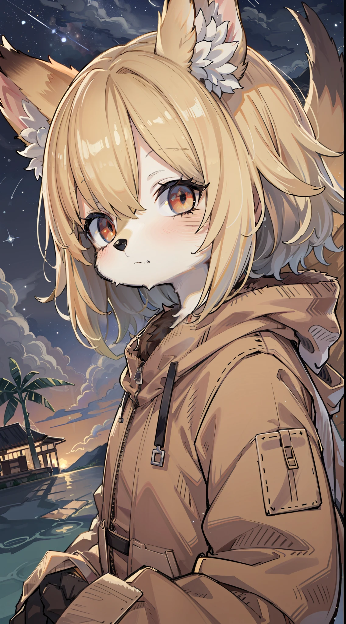 red fox,male child,was hairy,shaggy,Male eyelashes,Skin fur,Golden fur,Forelimb hands,Golden ears,Golden face fur , Short blonde hair,Red eyes,Super cute face,Brown elements on fur,Brown hooded jacket brown hood up,Ambient light,Ultra-fine fur,volumettic light,Night,natural day light,Fluffy tail,nevando,Night,starry skies,seawall,crossed bangs, hair strand, Shiny hair,gloom (expression),Empty eyes,Sleepy,dark circles,35mm,sharp talons。High quality, high detailled, Best quality, Ultra HDR
