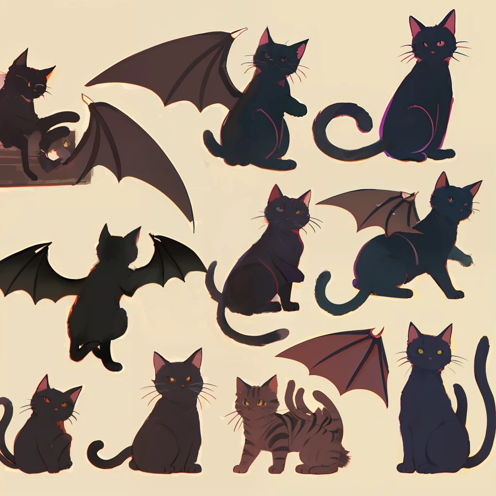 drawings of cats with different poses, details in it would be their bat wings