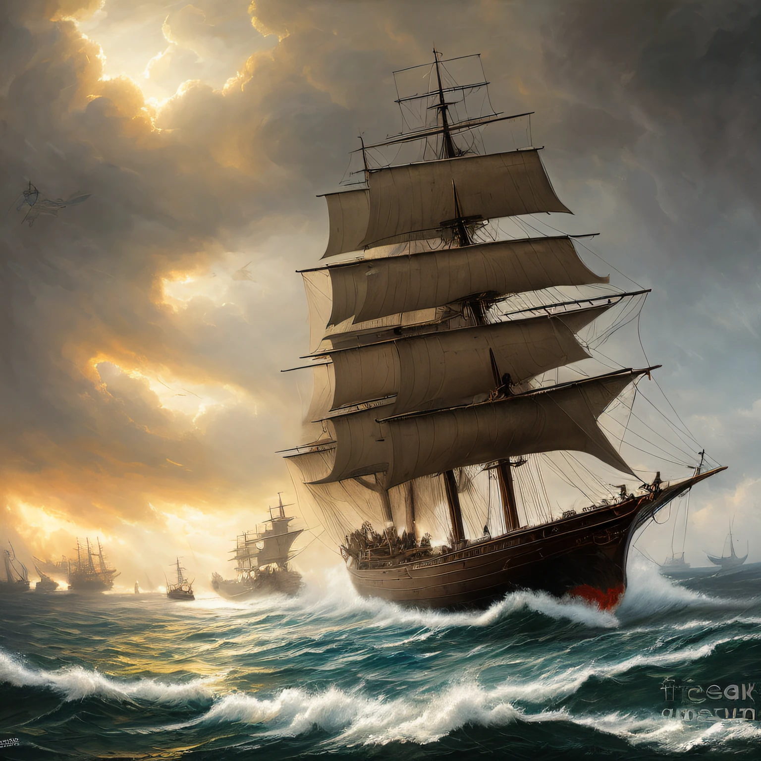 (highly detailed:1.2),(best quality:1.2),(8k:1.0),(emb-rrf-low:1.0),sharp focus,(award-winning photograph:1.2), (subsurface scattering:1.1), painting of a boat with people on it in a stormy sea, dramatic concept art, epic naval battle, a sea battle, dramatic nautical scene, dramatic artwork, epic fantasy artwork, naval battle, epic battlescene, epic fantasy painting, by Darek Zabrocki, by Tadeusz Pruszkówski, stormy and grand war scene