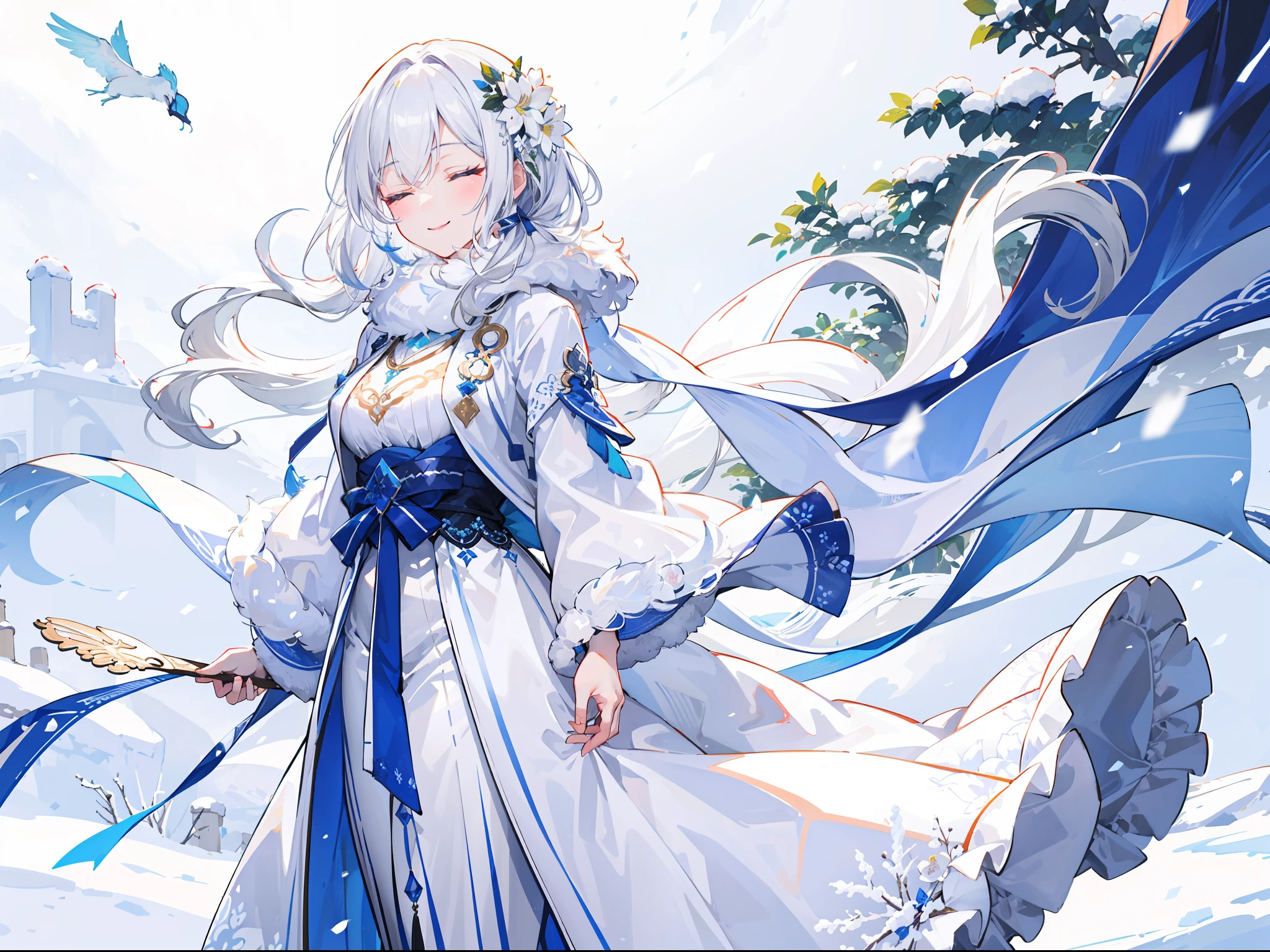 "Epic morning atmosphere, stunning 4k artwork featuring a mature woman with confident long white flowery white hair and closed two eyes and cute smile, she wears a white snow clothes with fur syal and standing on snow, her hair full flowery white flower"