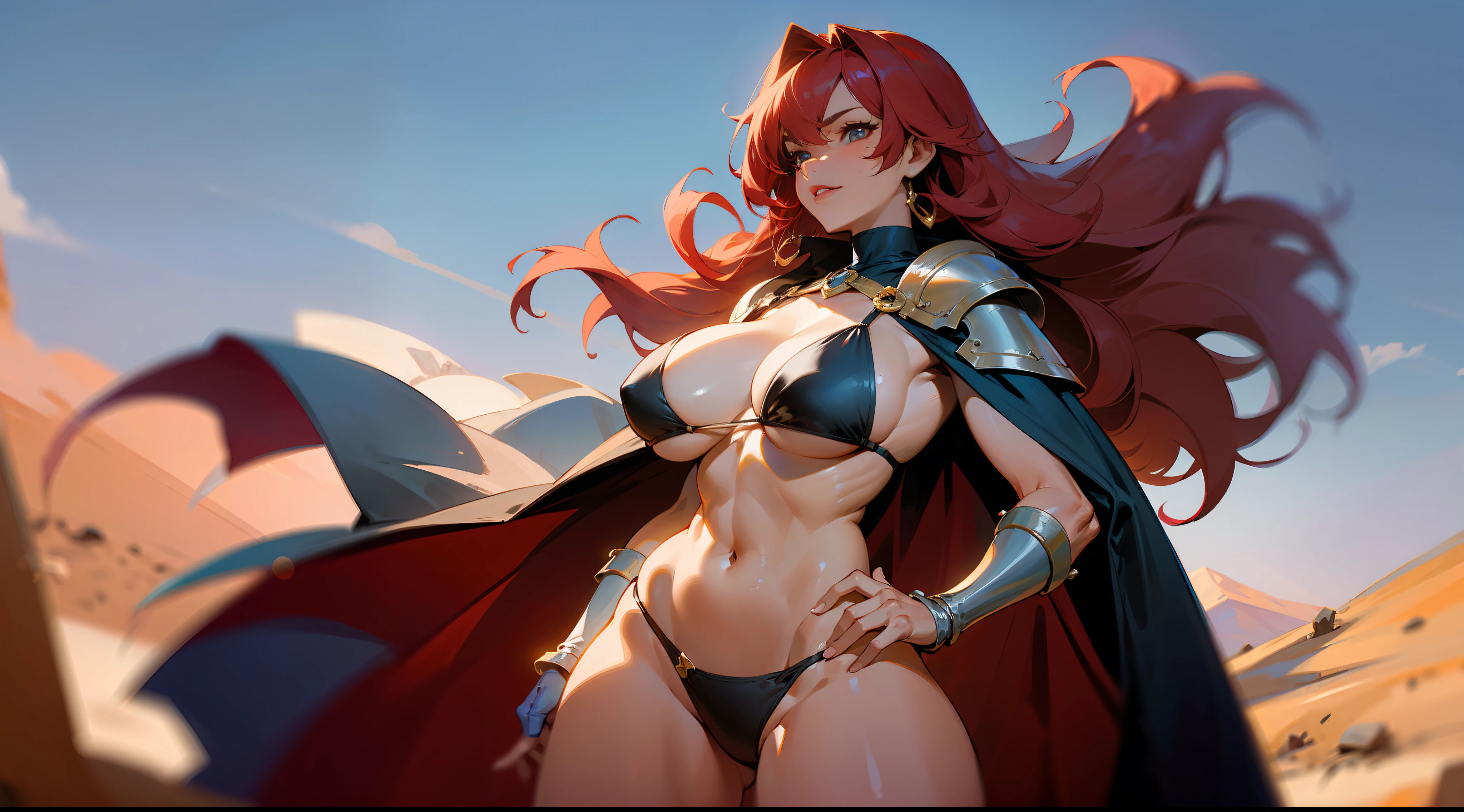 Mature woman, strong, dark skin, black bikini, cape, long red hair, large breasts, large thighs, can dynamic, heroic weight, fantasy, medieval, desert, sun, blue sky, well detailed brightness.