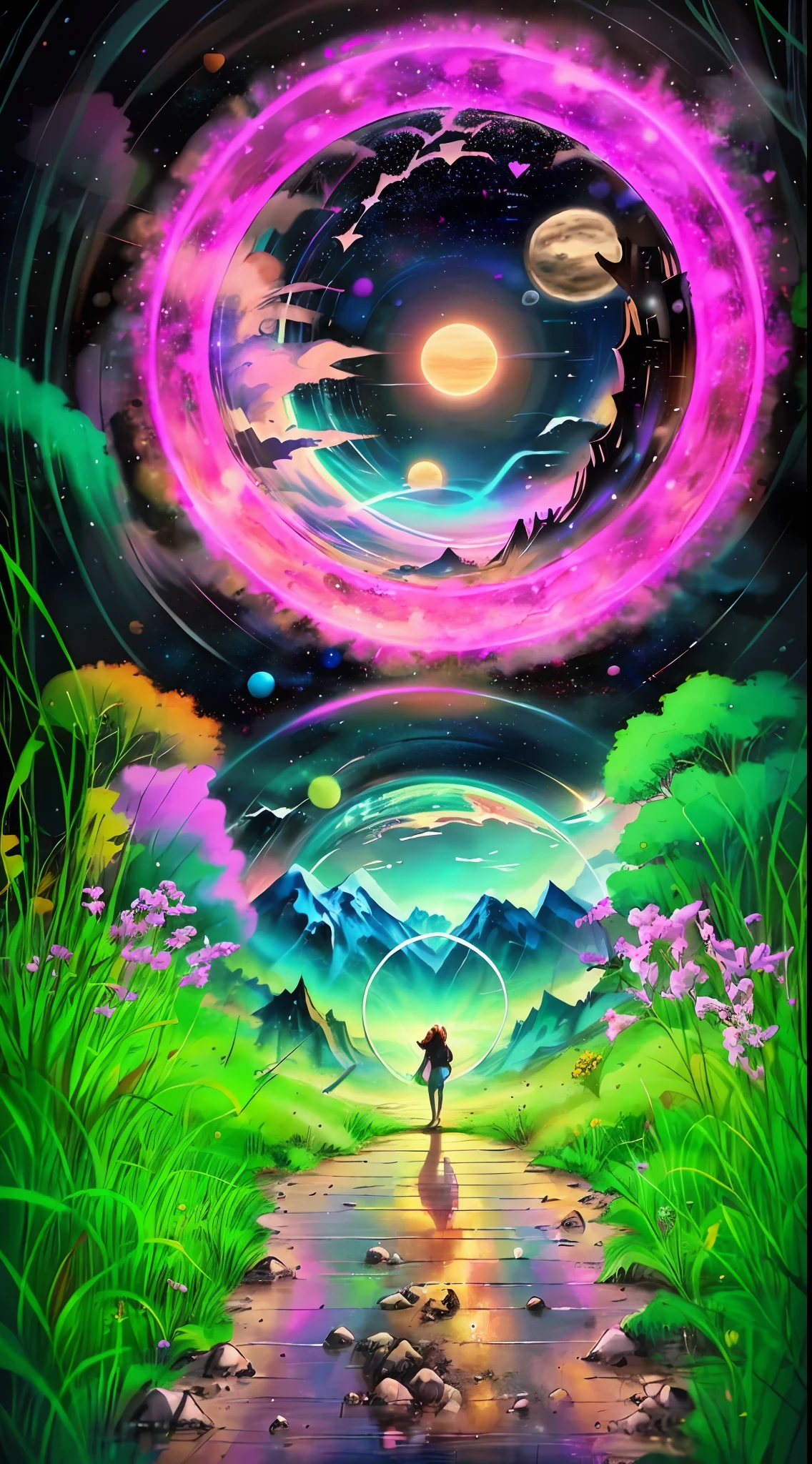 Girl and boyfriend, holding hands, Flowers Love, heart, standing in front of a space portal overlooking the pink sun, Cyril Rolando and Goro Fujita, A portal to another universe, inspired by Cyril Rolando, Portal to another dimension, world, visible only through the portal, high quality fantasy stock photo, Portal to another world, Portal to outer space, in the style of Cyril Rolando, Looking into space, universe, Magical Galactic Portal, The Cycle of the Stars, God, River, mountain, top, Cannabis, Marijuana