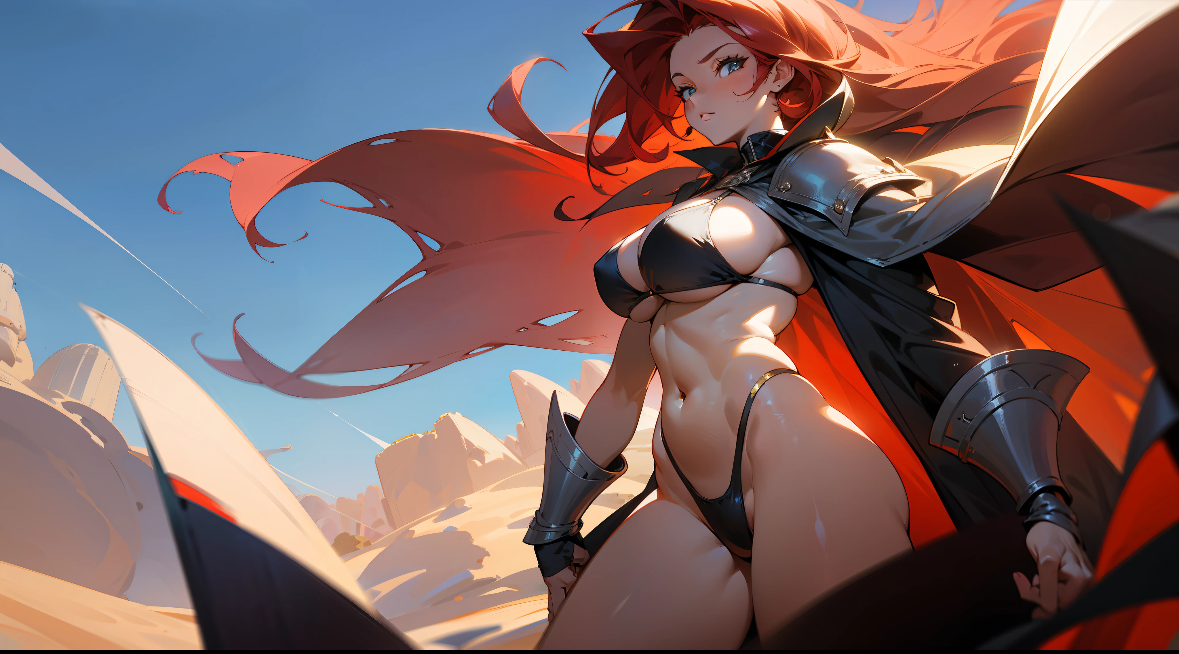 Mature woman, strong, dark skin, black bikini, cape, long red hair, large breasts, large thighs, can dynamic, heroic weight, fantasy, medieval, desert, sun, blue sky, well detailed brightness.